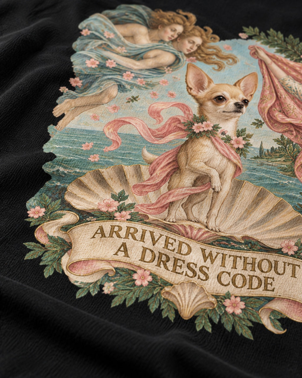 Chihuahua Arrived Without a Dress Code Classical Shell Scene T-Shirt in Black, close-up of the graphic