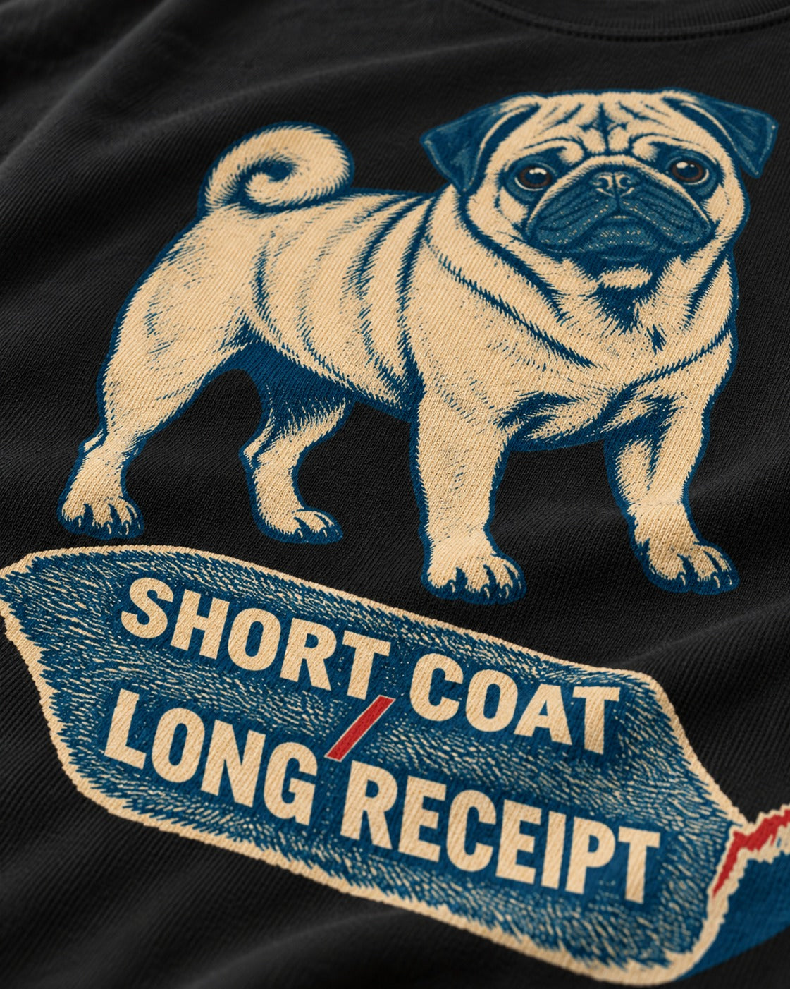 Pug Short Coat Long Receipt Graphic T-Shirt in Black, close-up of the graphic