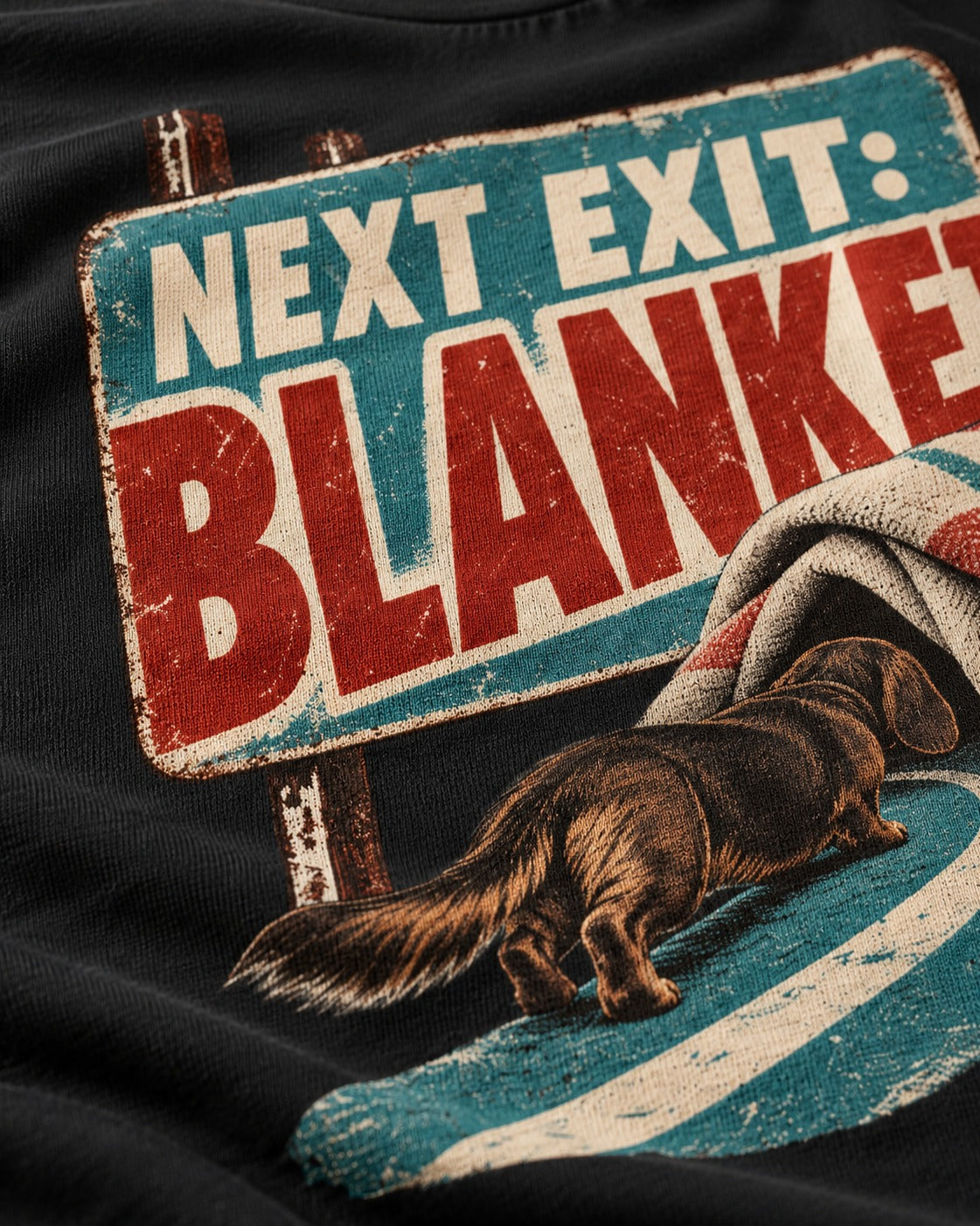 Dachshund Next Exit Blanket Road Sign Graphic T-Shirt in Black, close-up of the graphic