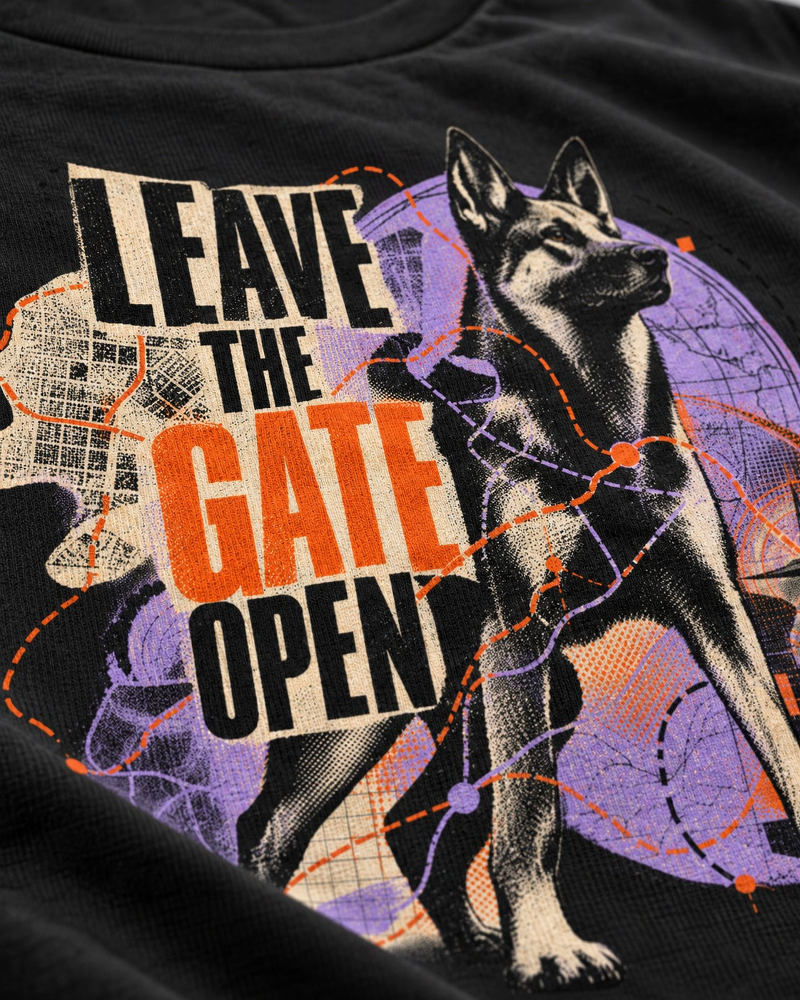 Leave The Gate Open Transit Collage German Shepherd Dog Graphic T-Shirt in Black, close-up of the graphic