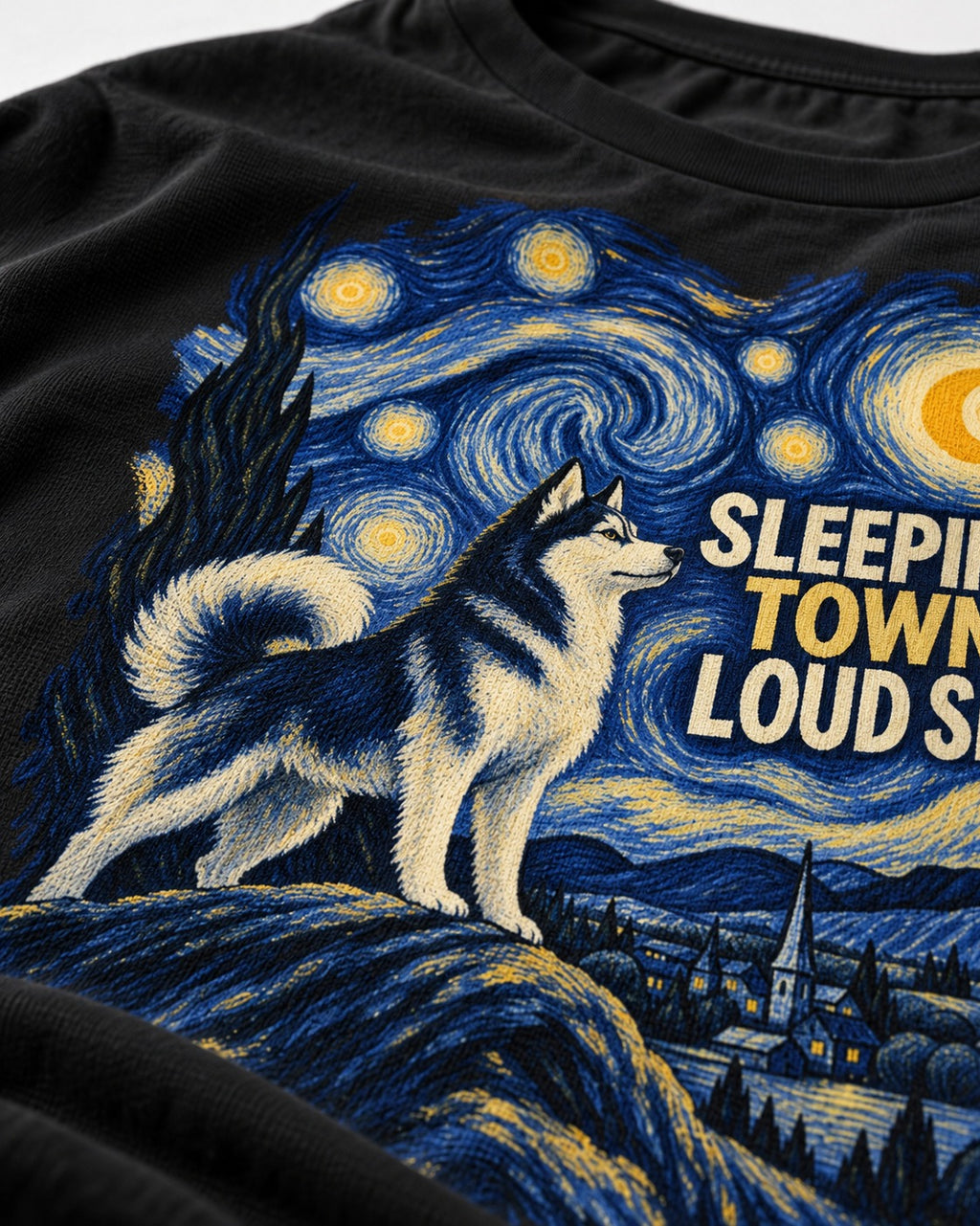 Husky Sleeping Town Loud Sky Starry Night Graphic T-Shirt in Black, close-up of the graphic