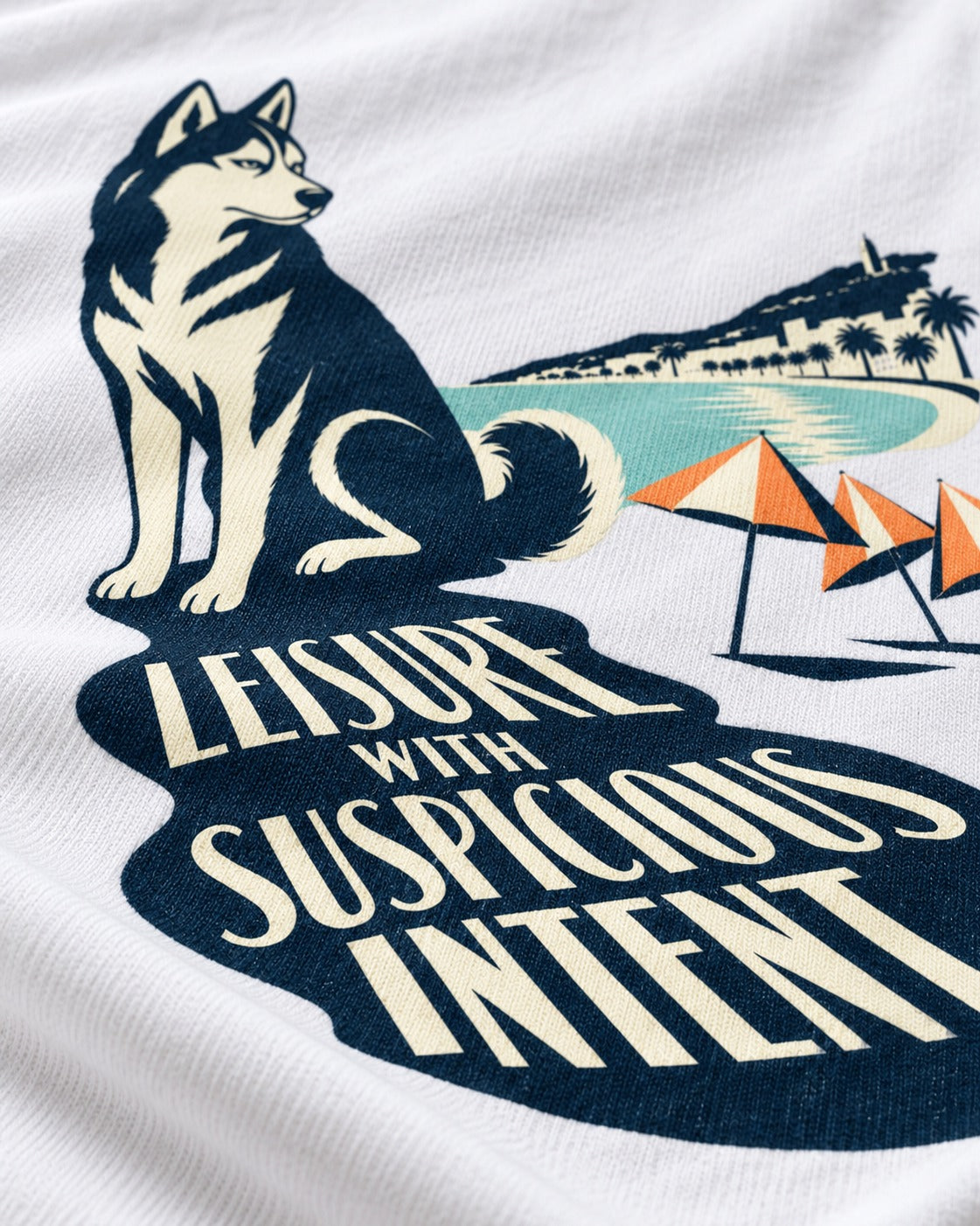 Husky Leisure with Suspicious Intent T-Shirt in White, close-up of the graphic