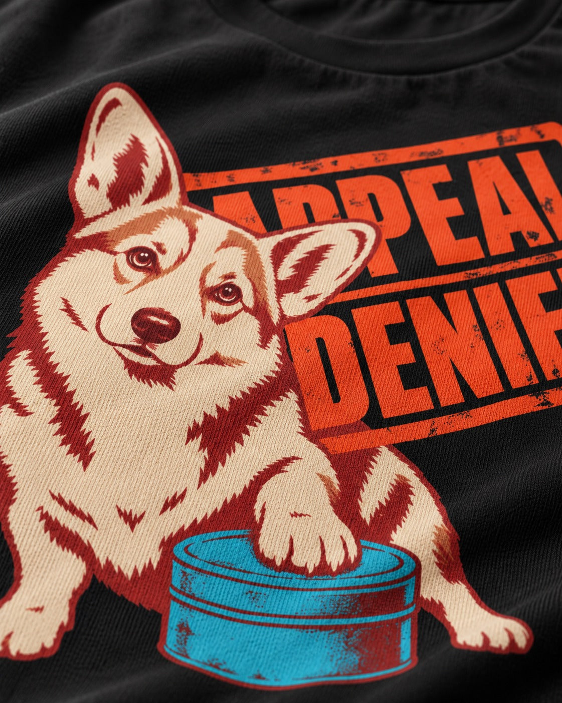 Corgi Appeal Denied Treat Tin T-Shirt in Black, close-up of the graphic