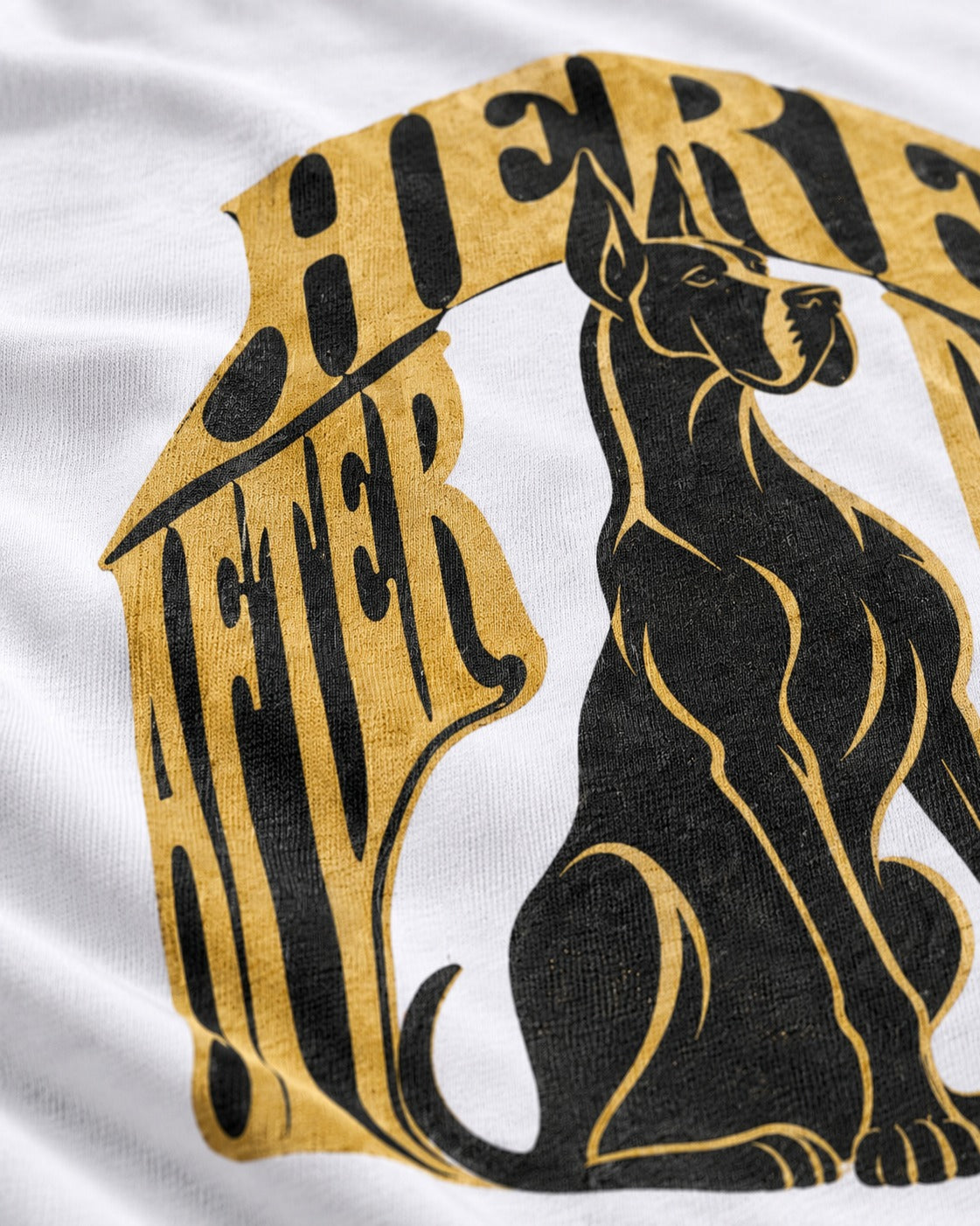 Great Dane Here After Dark T-Shirt in White, close-up of the graphic