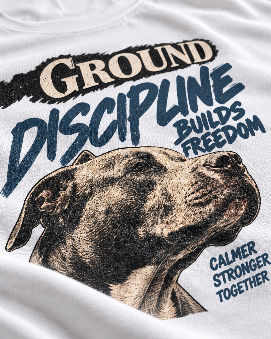 Pitbull Discipline Builds Freedom T-Shirt in White, close-up of the graphic