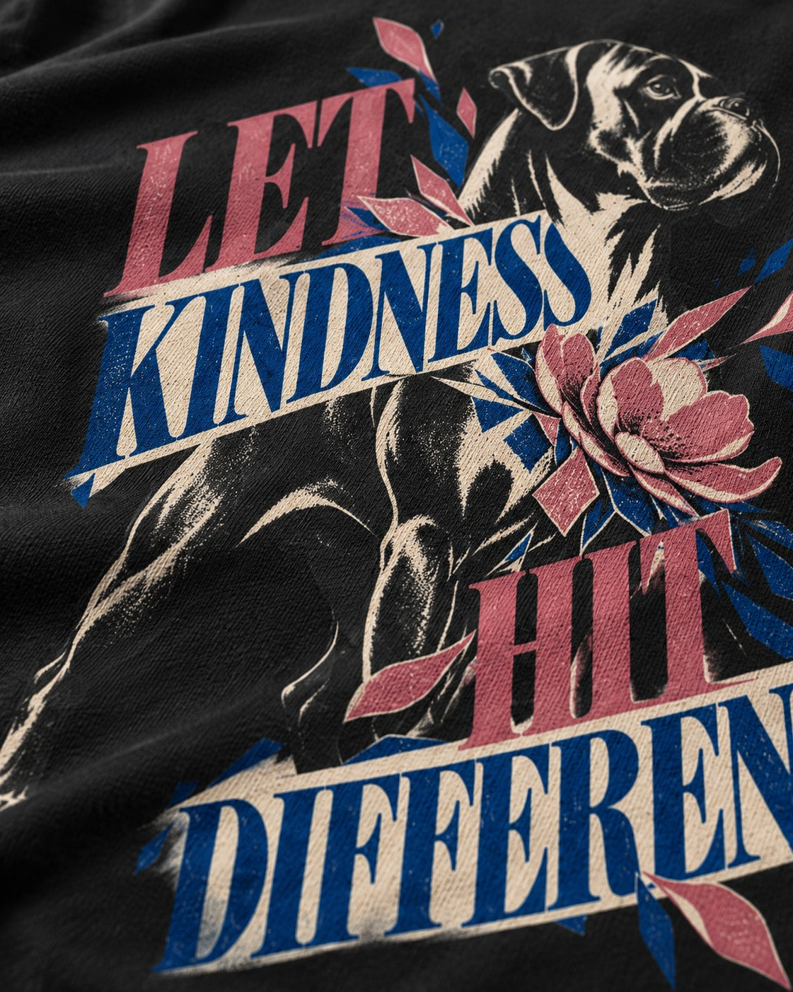 Let Kindness Hit Different Boxer Floral Collage T-Shirt in Black, close-up of the graphic