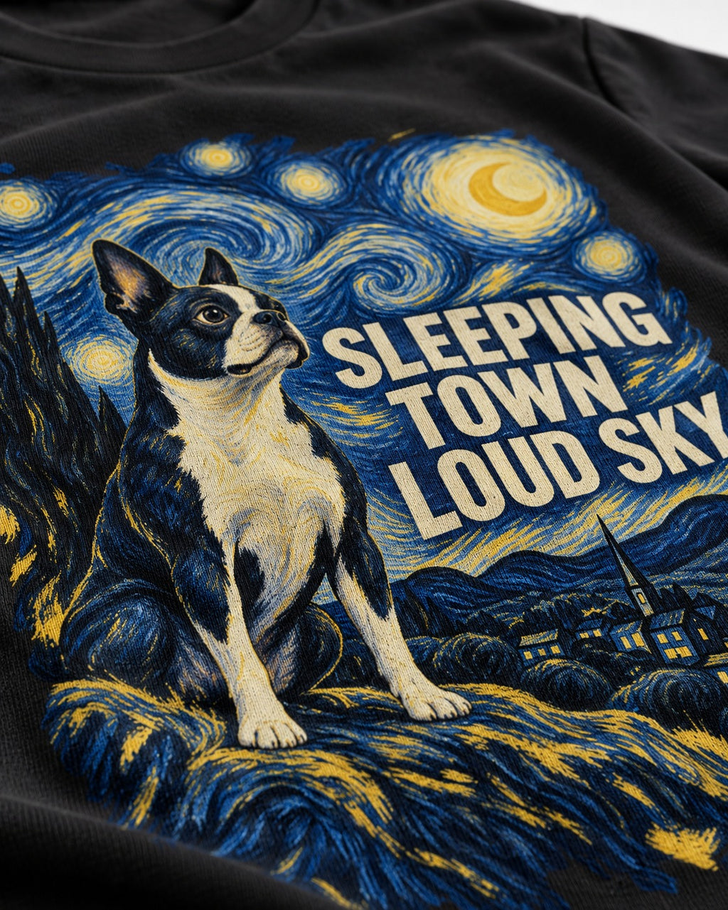 Sleeping Town Loud Sky Boston Terrier Starry Night T-Shirt in Black, close-up of the graphic