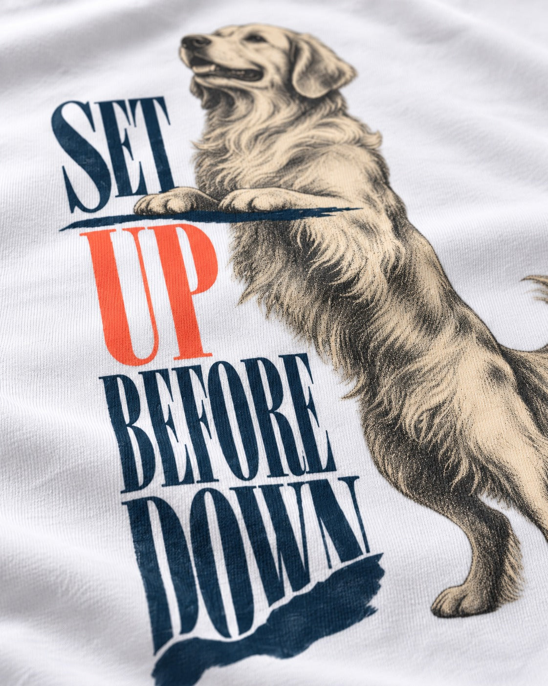 Golden Retriever Set Up Before Down T-Shirt in White, close-up of the graphic