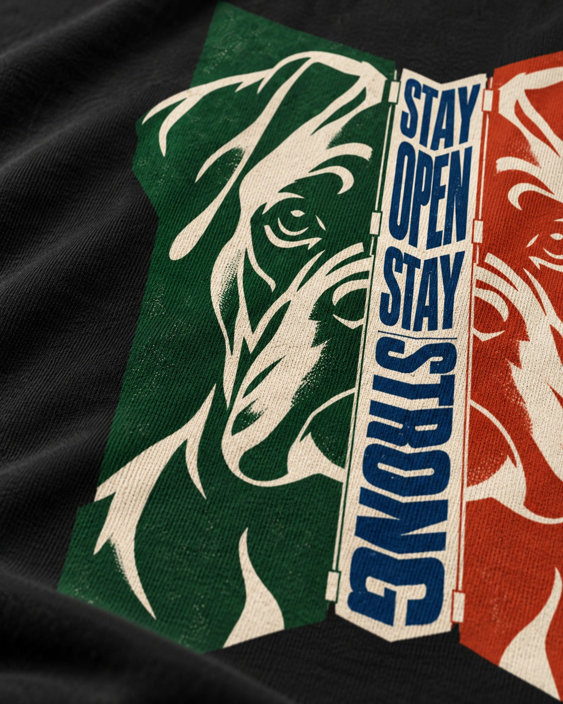 Boxer Stay Open Stay Strong T-Shirt in Black, close-up of the graphic