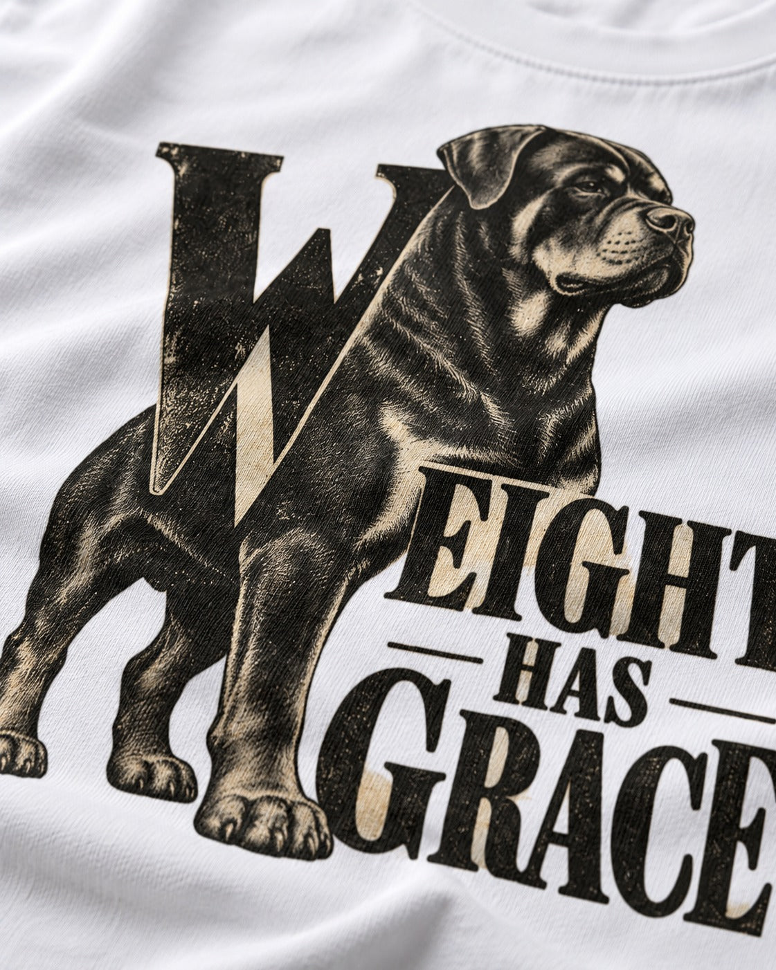 Rottweiler Weight Has Grace T-Shirt in White, close-up of the graphic