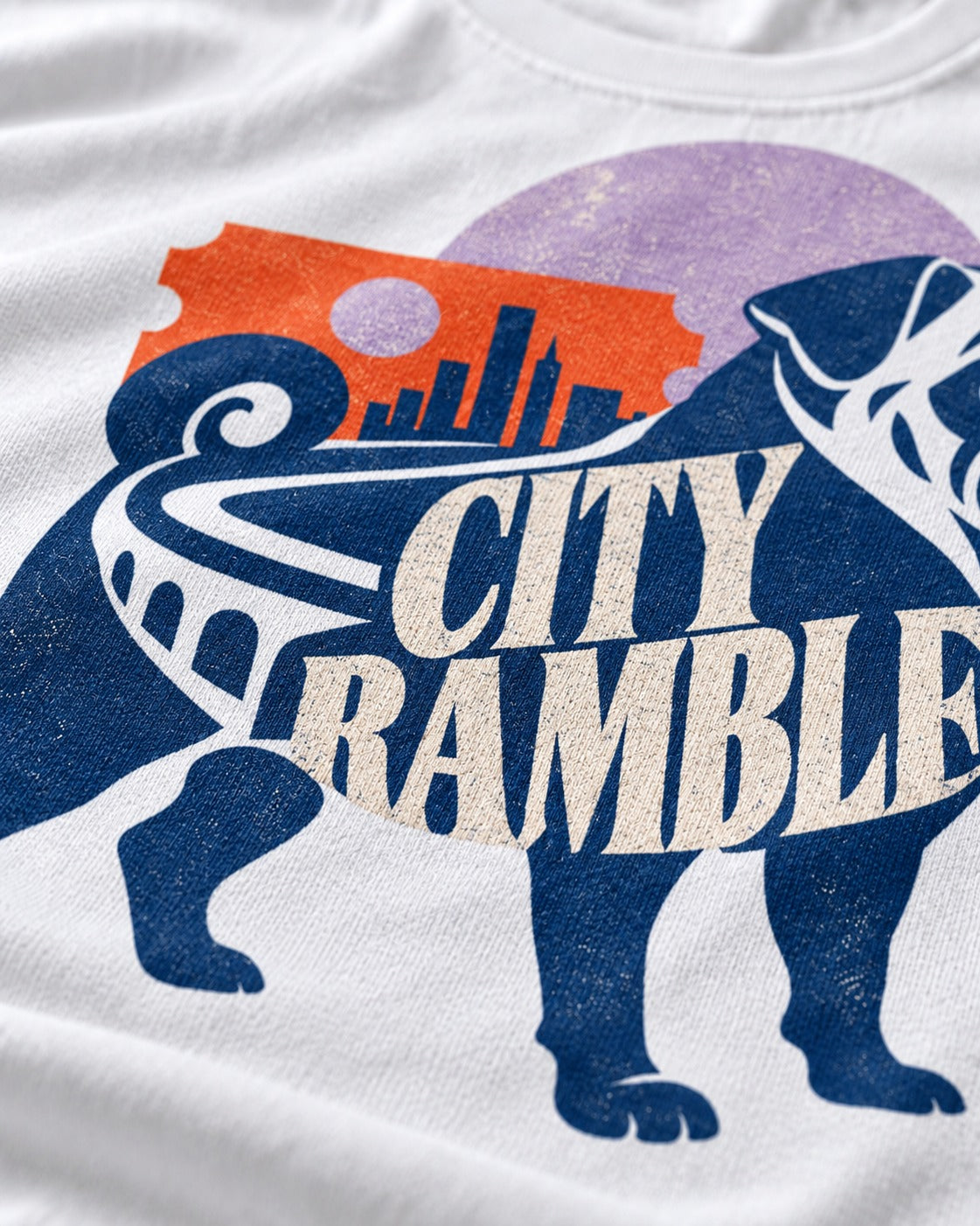 Pug's Big City Ramble T-Shirt in White, close-up of the graphic
