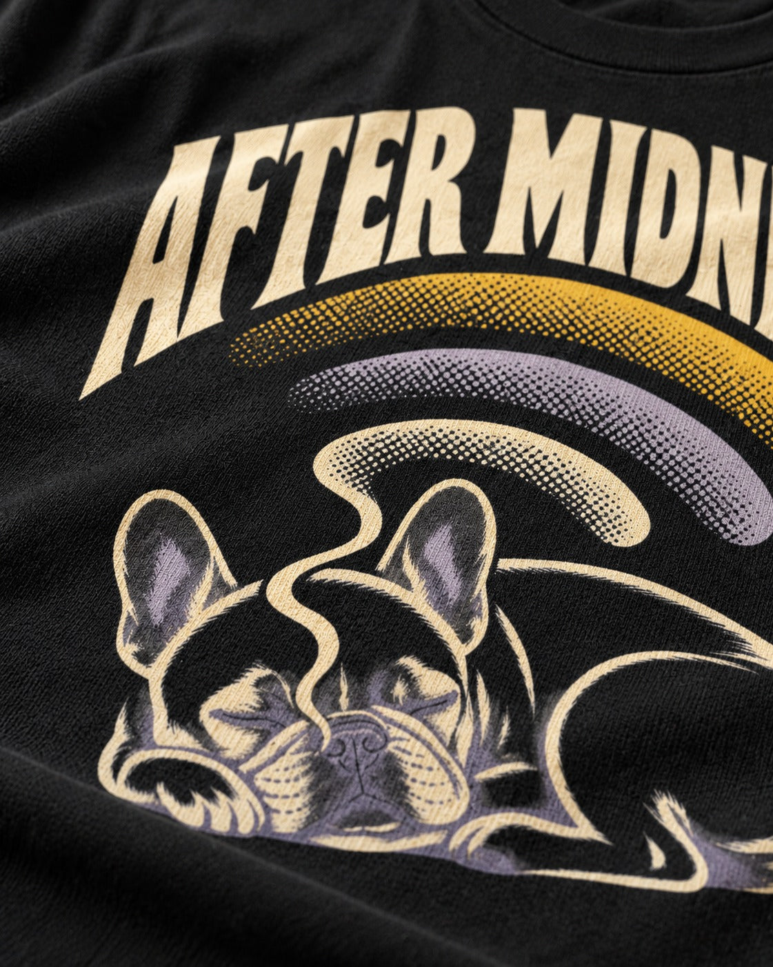 Frenchie After Midnight Sleeping Graphic T-Shirt in Black, close-up of the graphic