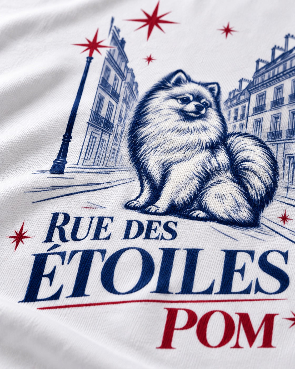 Pomeranian Among the Stars T-Shirt in White, close-up of the graphic