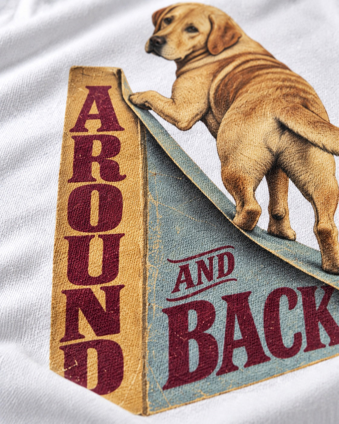 Labrador Retriever Around and Back T-Shirt in White, close-up of the graphic