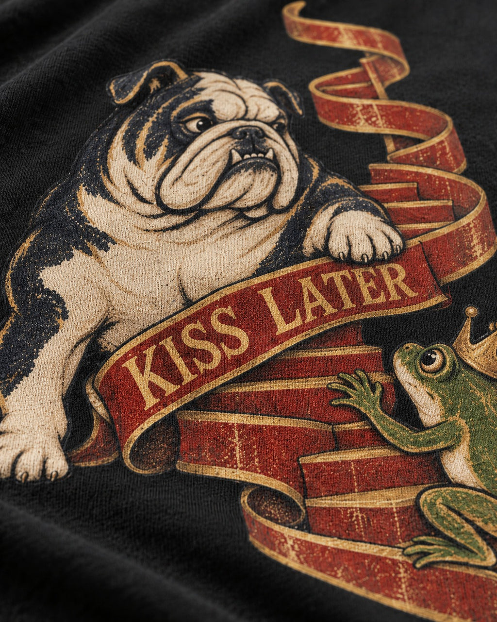 English Bulldog Kiss Later Frog Prince Graphic T-Shirt in Black, close-up of the graphic