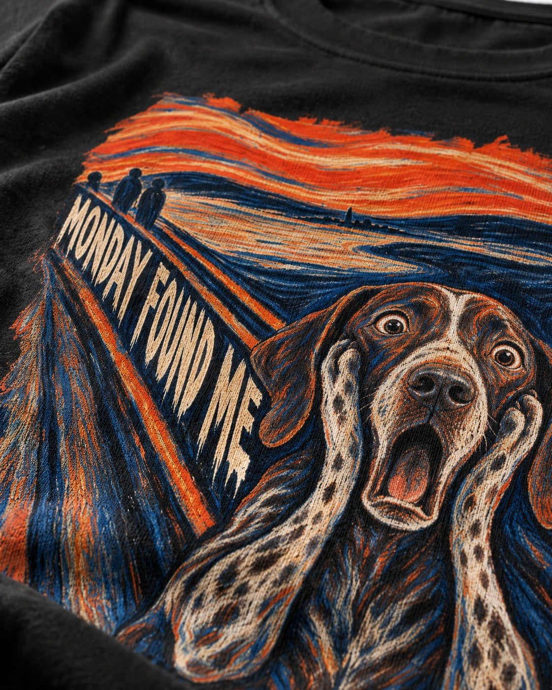 German Shorthaired Pointer Monday Found Me Scream Parody Graphic T-Shirt in Black, close-up of the graphic