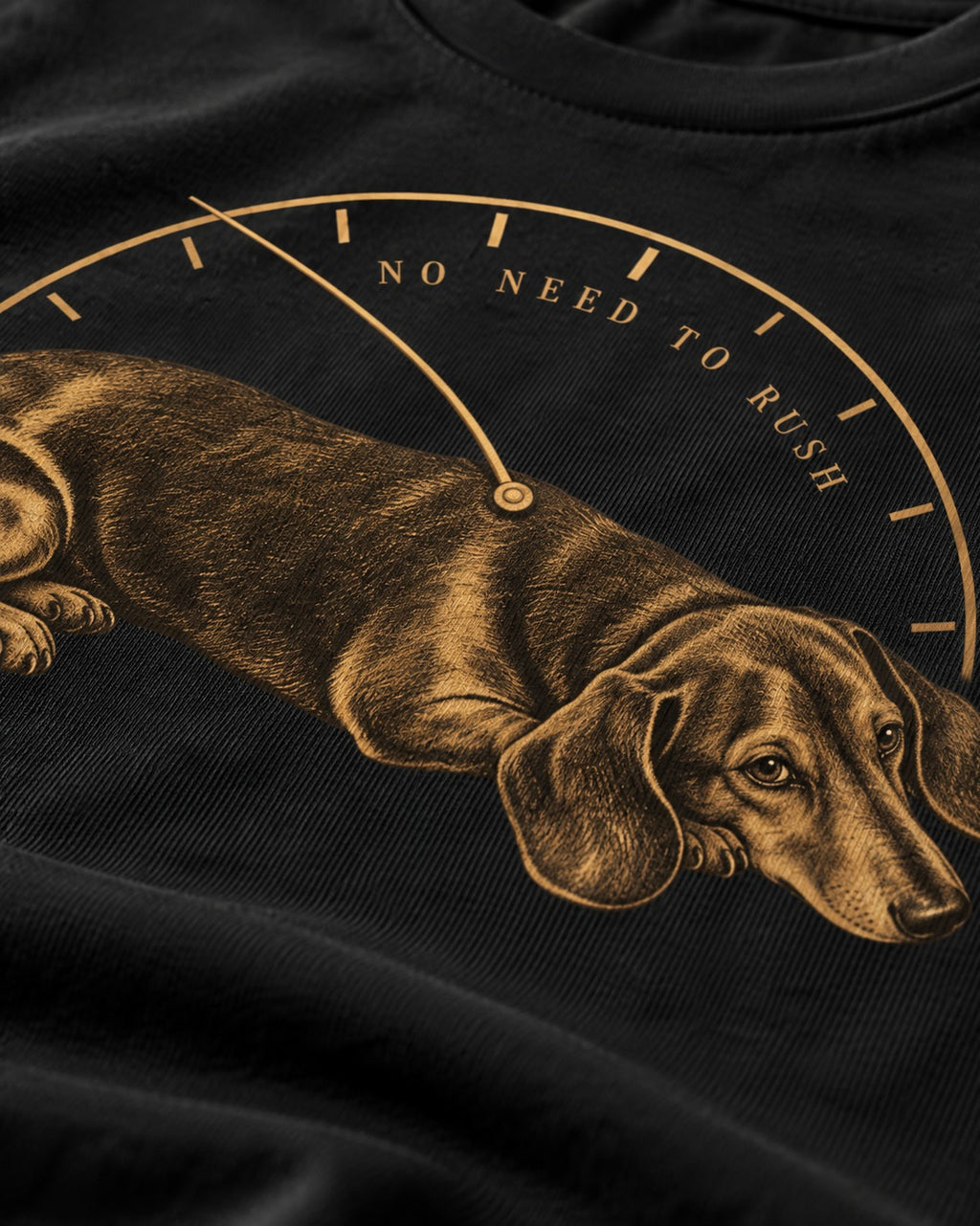Dachshund No Need To Rush Gauge Graphic T-Shirt in Black, close-up of the graphic