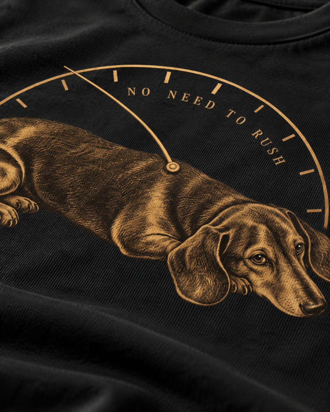 Dachshund No Need To Rush Gauge Graphic T-Shirt in Black, close-up of the graphic