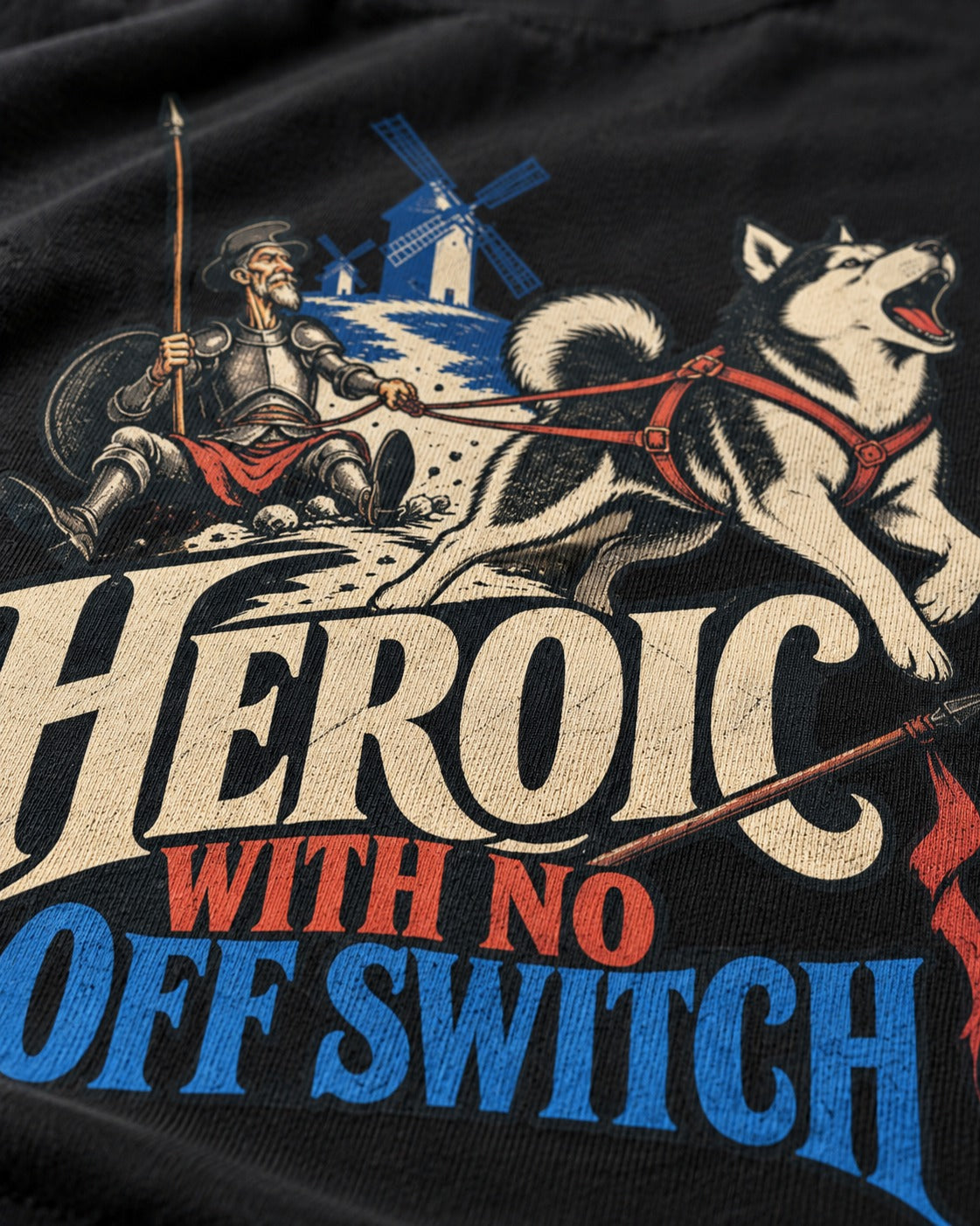 Husky Heroic with No Off Switch Don Quixote Graphic T-Shirt in Black, close-up of the graphic