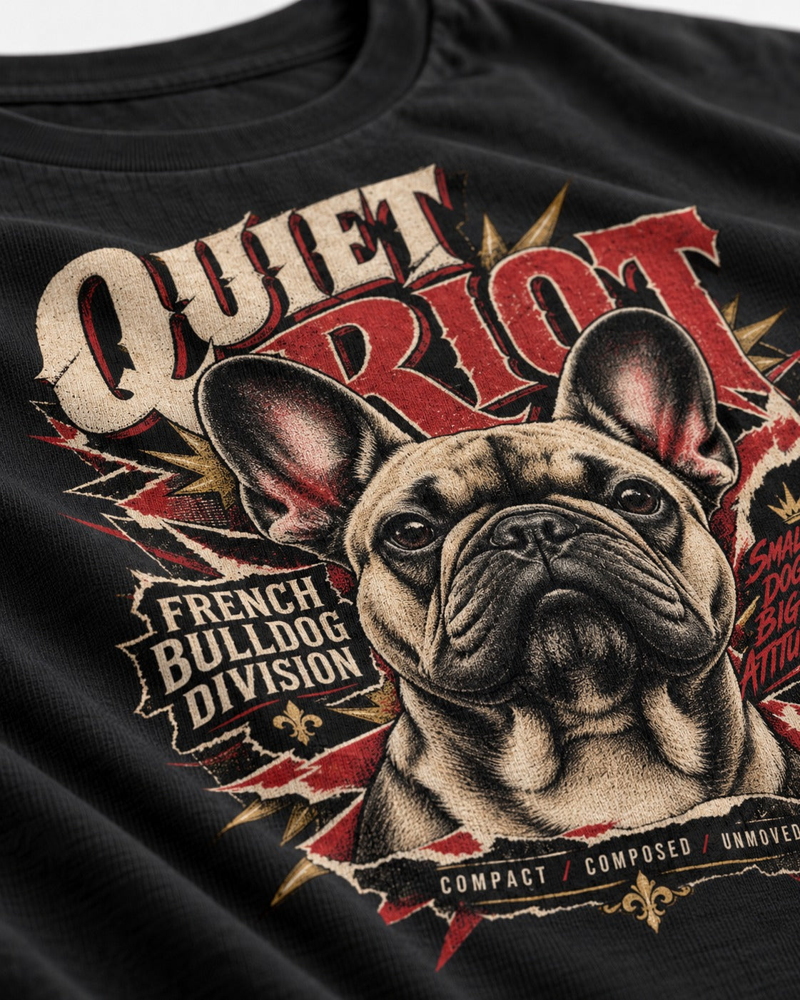 Frenchie Quiet Riot Division Emblem T-Shirt in Black, close-up of the graphic