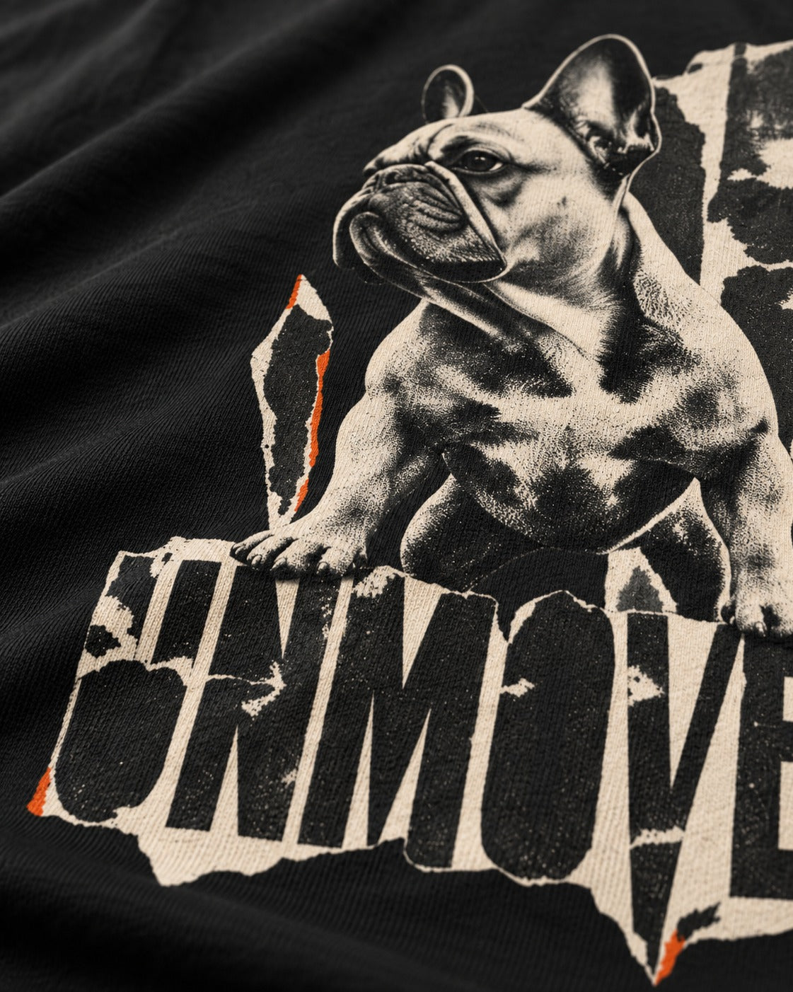 Frenchie Unmoved Torn Poster Graphic T-Shirt in Black, close-up of the graphic