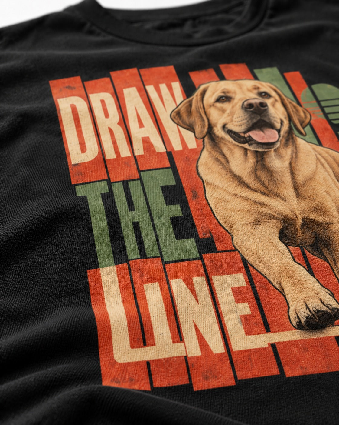 Labrador Retriever Draw the Line Stepping Graphic T-Shirt in Black, close-up of the graphic
