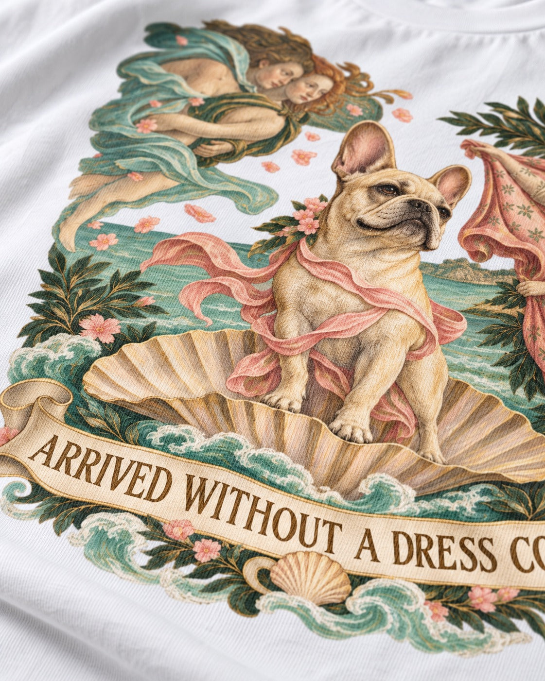 Frenchie Without a Dress Code T-Shirt in White, close-up of the graphic