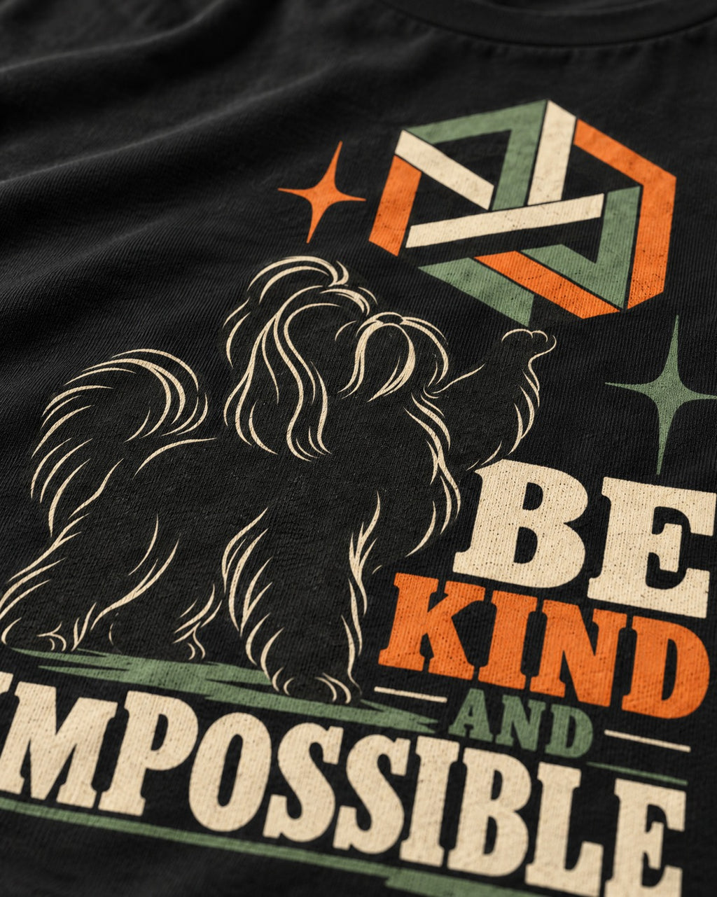 Shih Tzu Be Kind and Impossible Geometric Cube Graphic T-Shirt in Black, close-up of the graphic