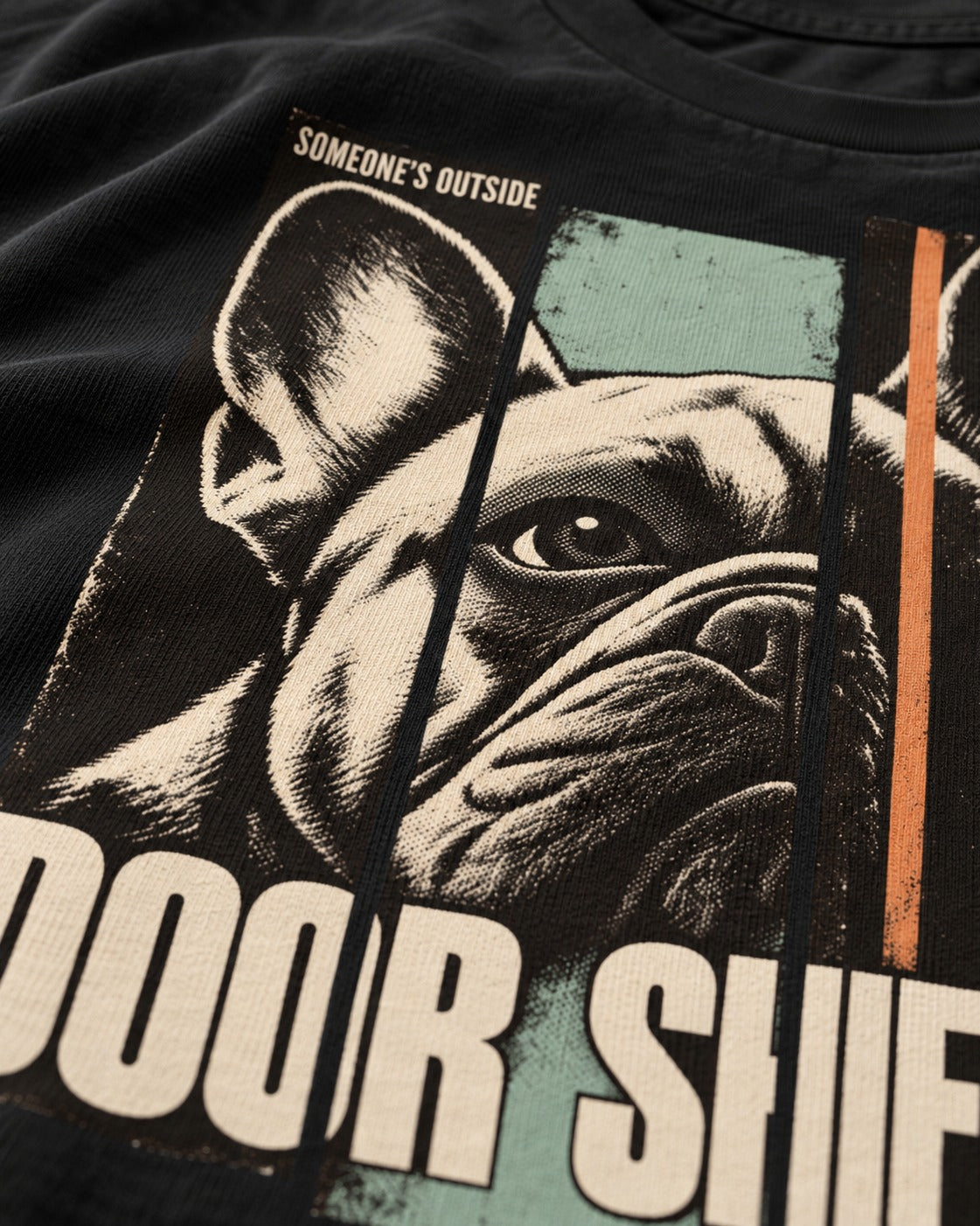 Frenchie Someone's Outside Door Shift Graphic T-Shirt in Black, close-up of the graphic