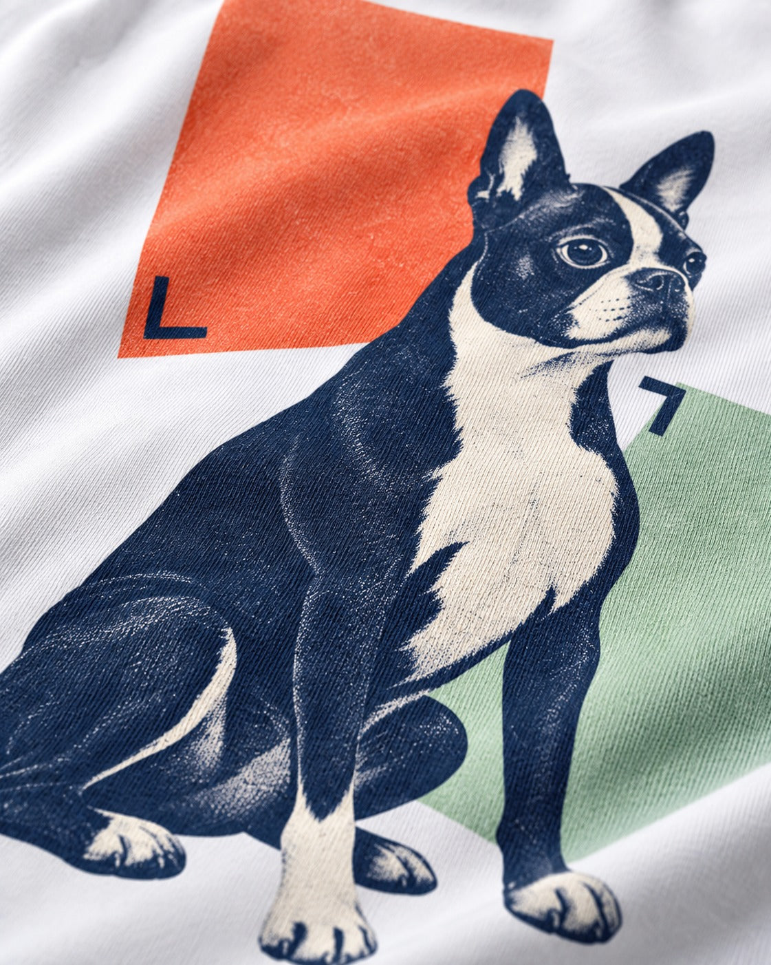 Boston Terrier Quiet Confidence T-Shirt in White, close-up of the graphic