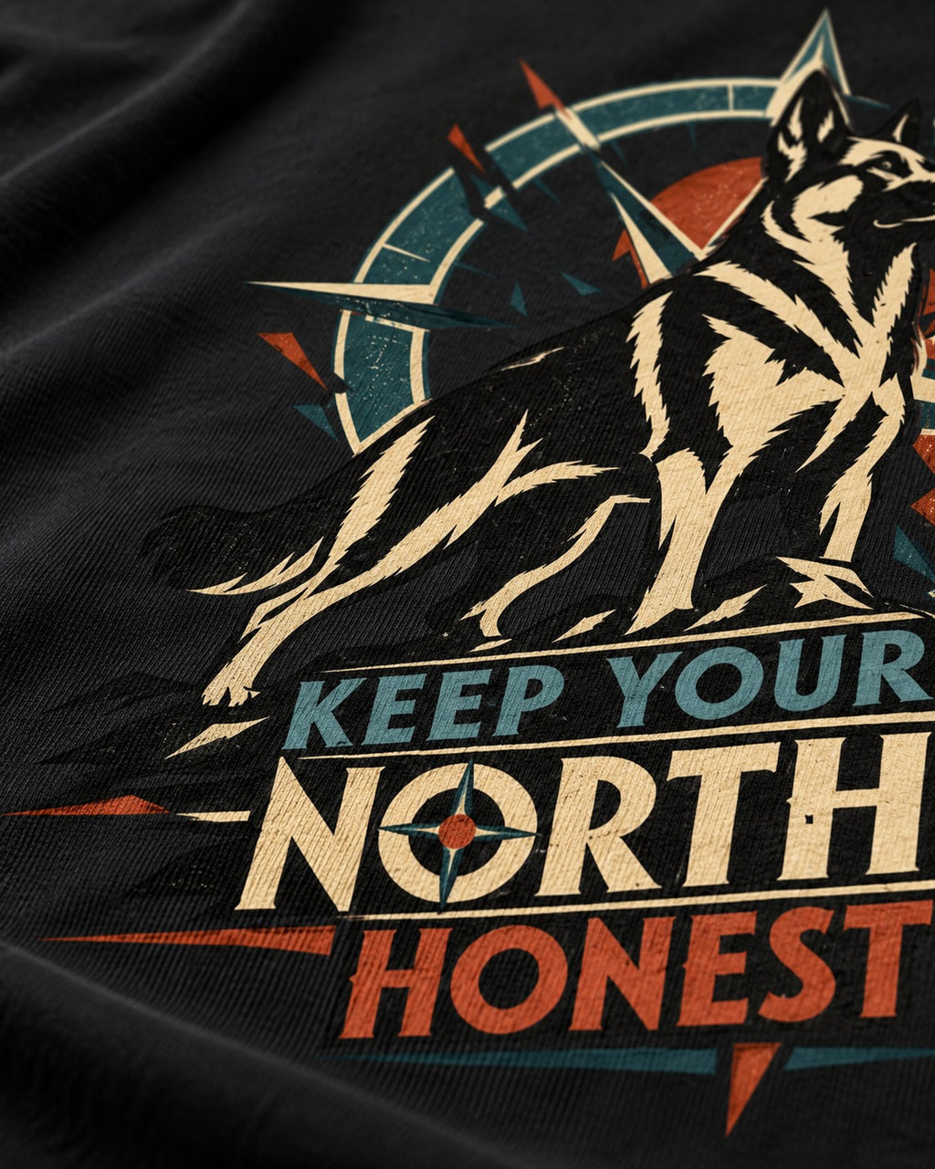 Keep Your North Honest Compass German Shepherd Dog Graphic T-Shirt in Black, close-up of the graphic
