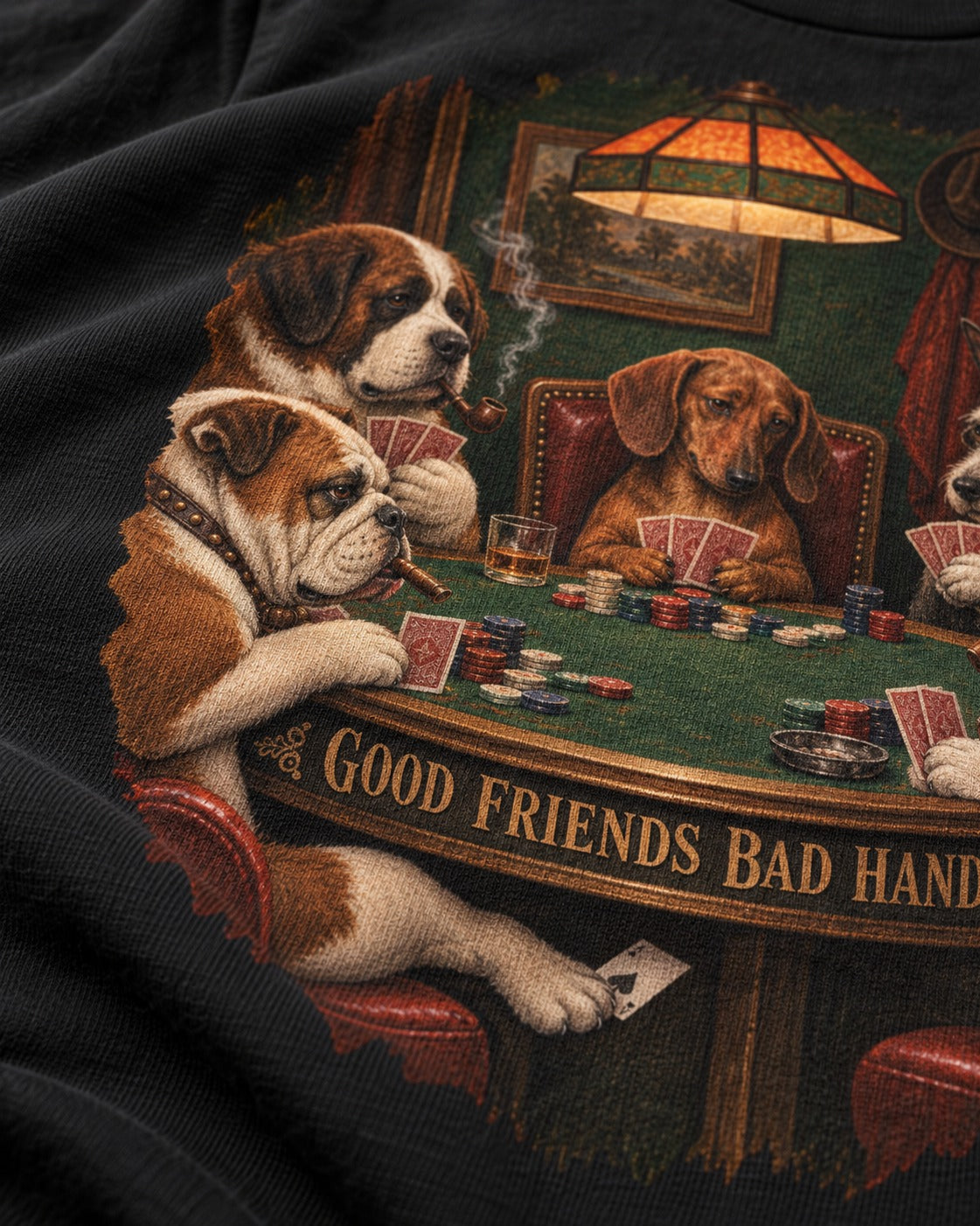 Dachshund Good Friends Bad Hands Poker Scene T-Shirt in Black, close-up of the graphic
