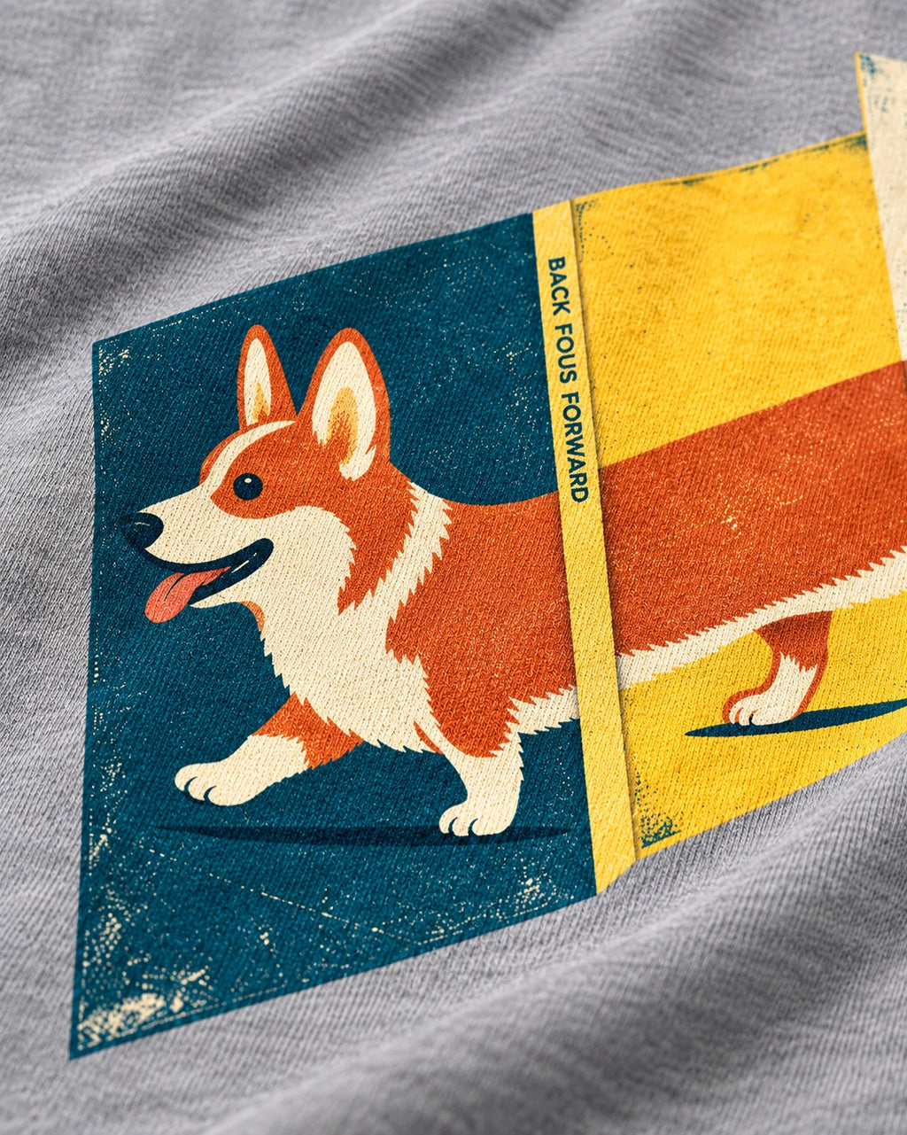 Corgi Back Folds Forward Panels T-Shirt in Sport Grey, close-up of the graphic
