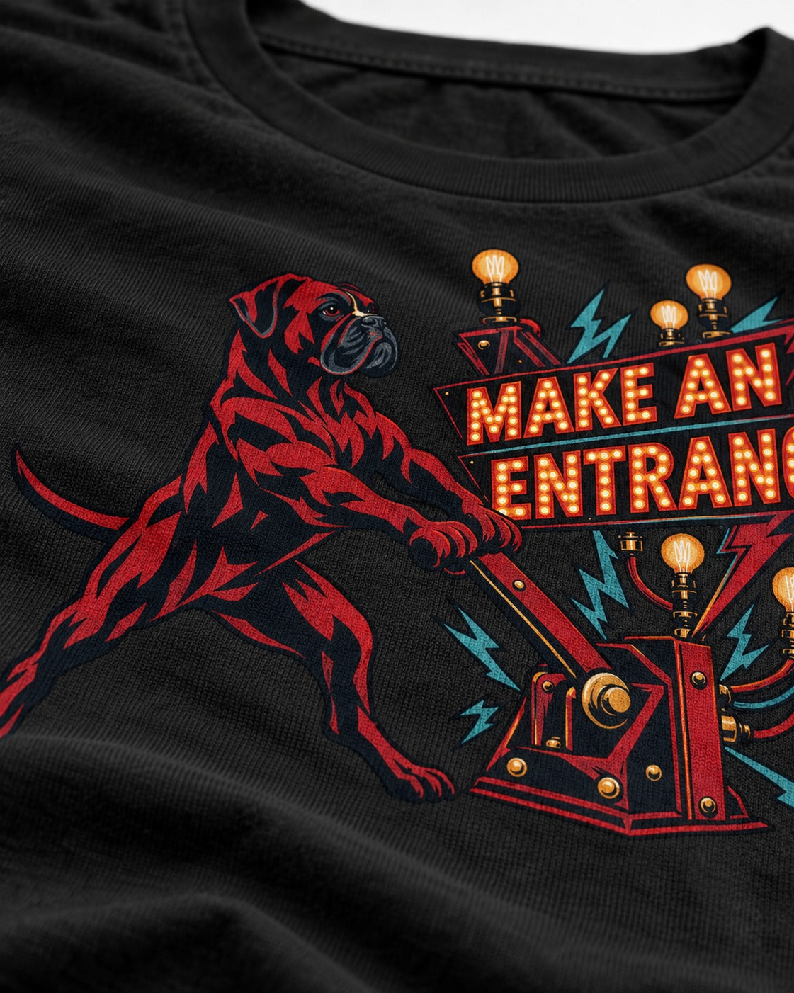 Boxer Make an Entrance T-Shirt in Black, close-up of the graphic