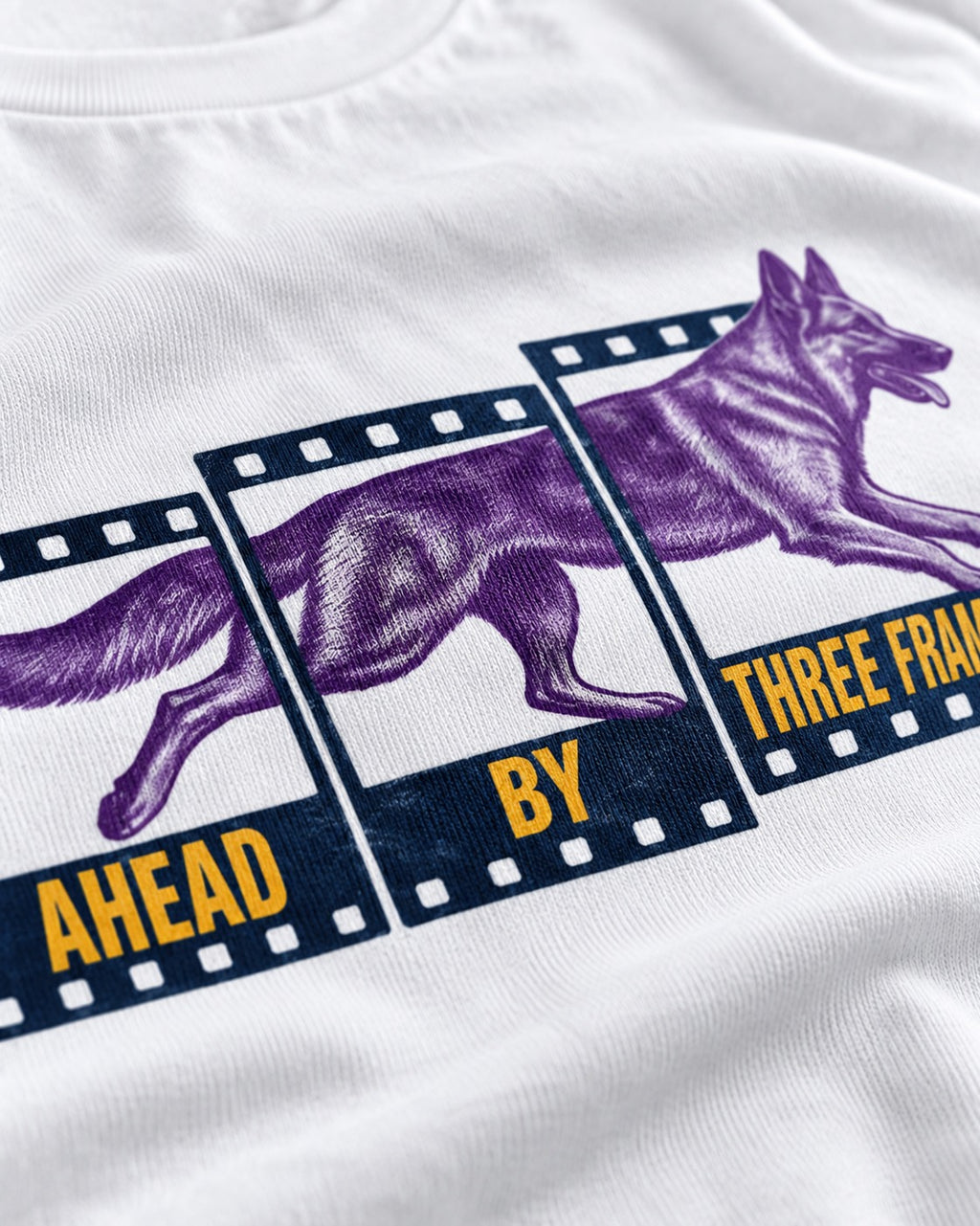 German Shepherd Dog Ahead by Three Frames T-Shirt in White, close-up of the graphic