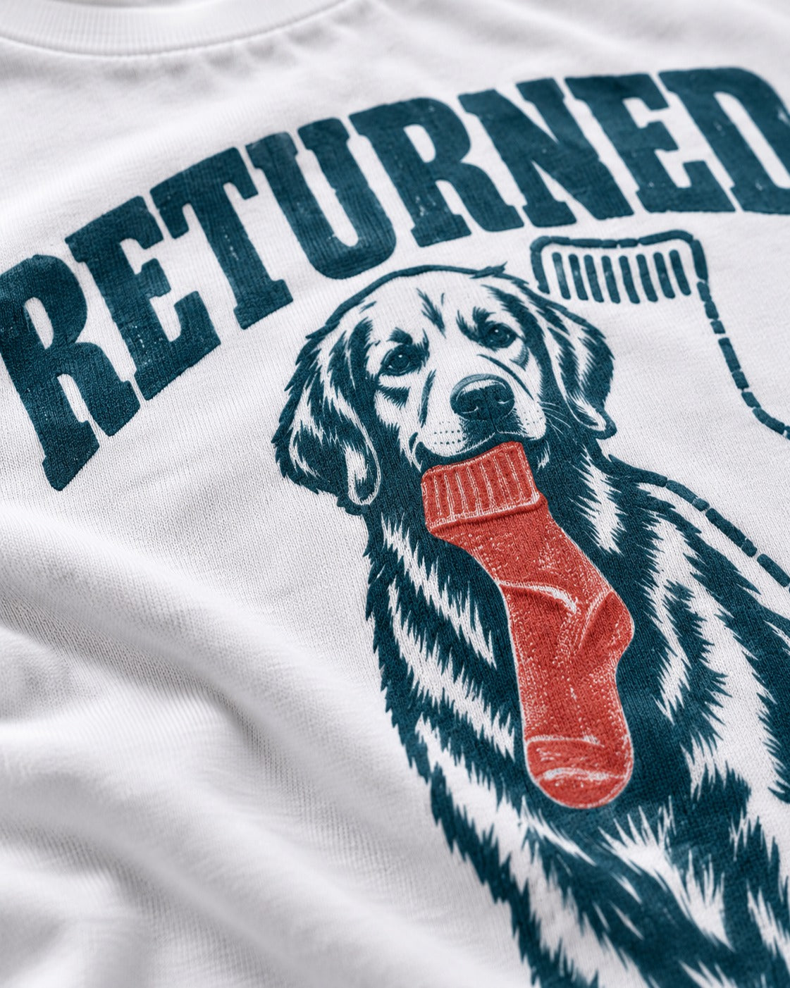 Golden Retriever Returned T-Shirt in White, close-up of the graphic