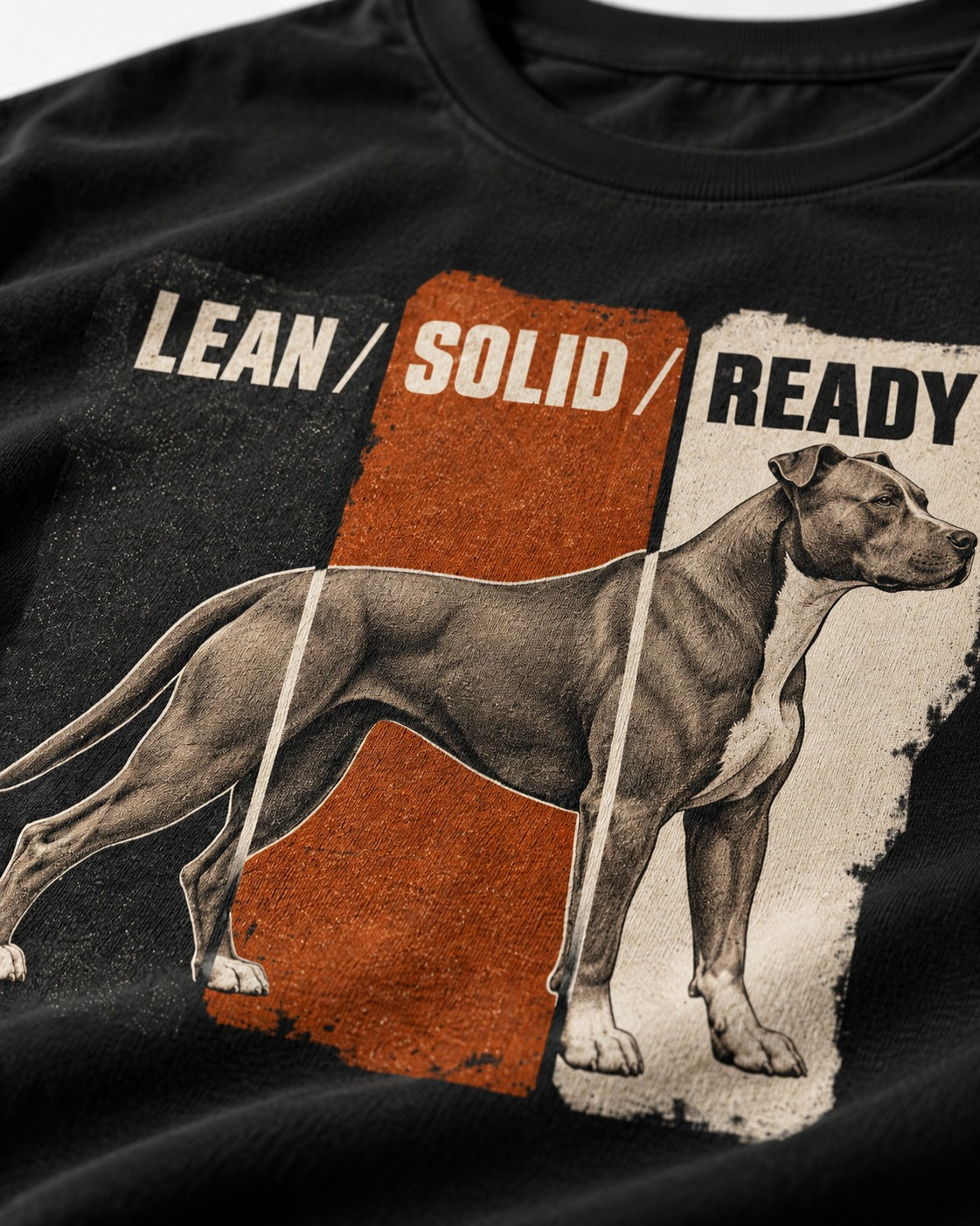 Pitbull Lean Solid Ready Triptych Graphic T-Shirt in Black, close-up of the graphic