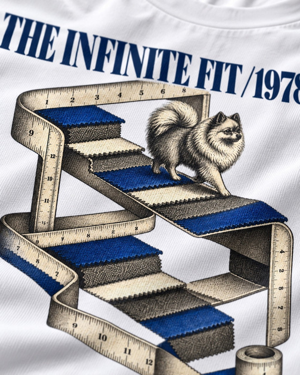 The Infinite Pomeranian Fit T-Shirt in White, close-up of the graphic