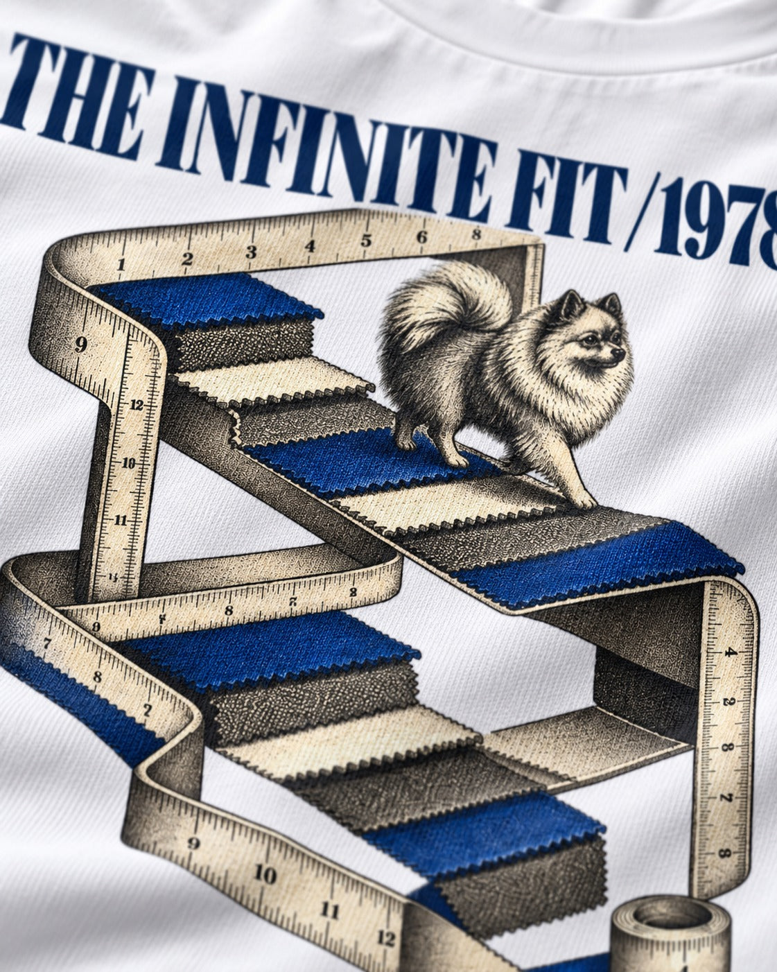 The Infinite Pomeranian Fit T-Shirt in White, close-up of the graphic