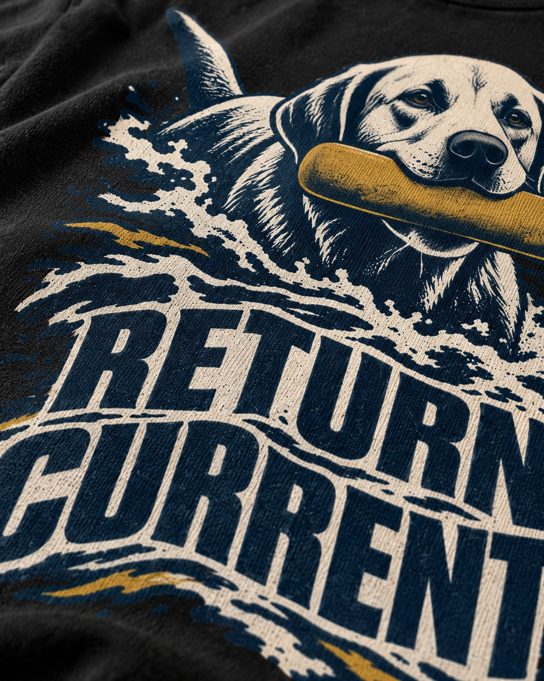 Return Current Water Retrieve Labrador Retriever Graphic T-Shirt in Black, close-up of the graphic