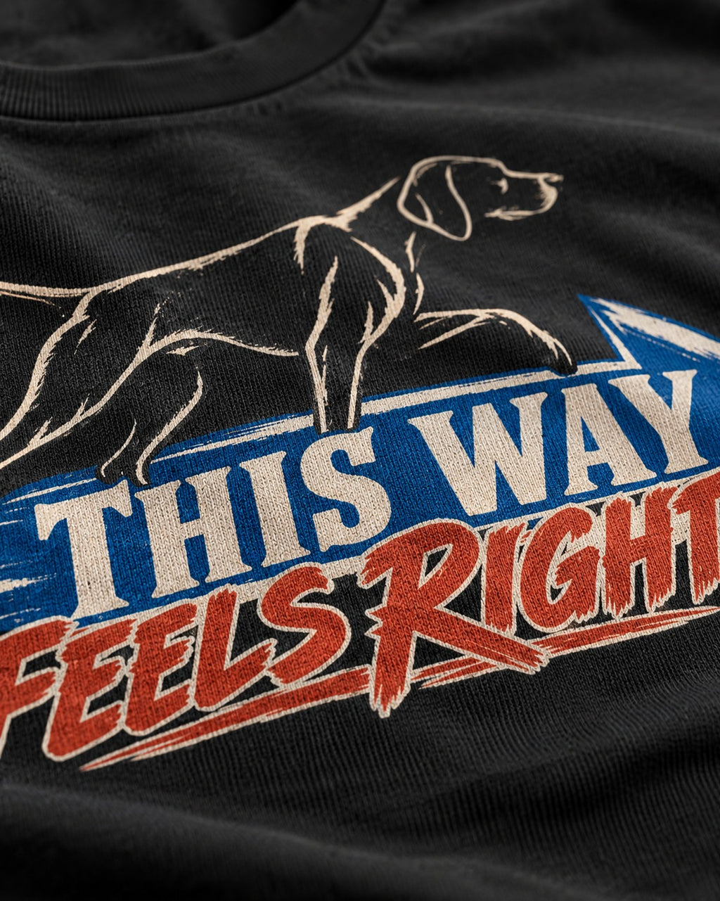 This Way Feels Right Arrow German Shorthaired Pointer Graphic T-Shirt in Black, close-up of the graphic