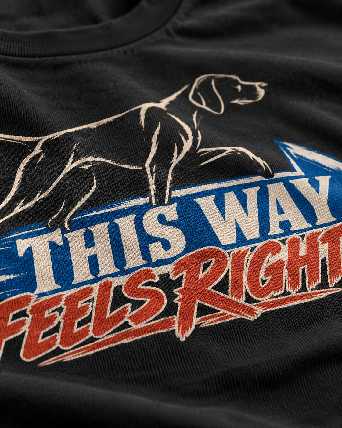 This Way Feels Right Arrow German Shorthaired Pointer Graphic T-Shirt in Black, close-up of the graphic