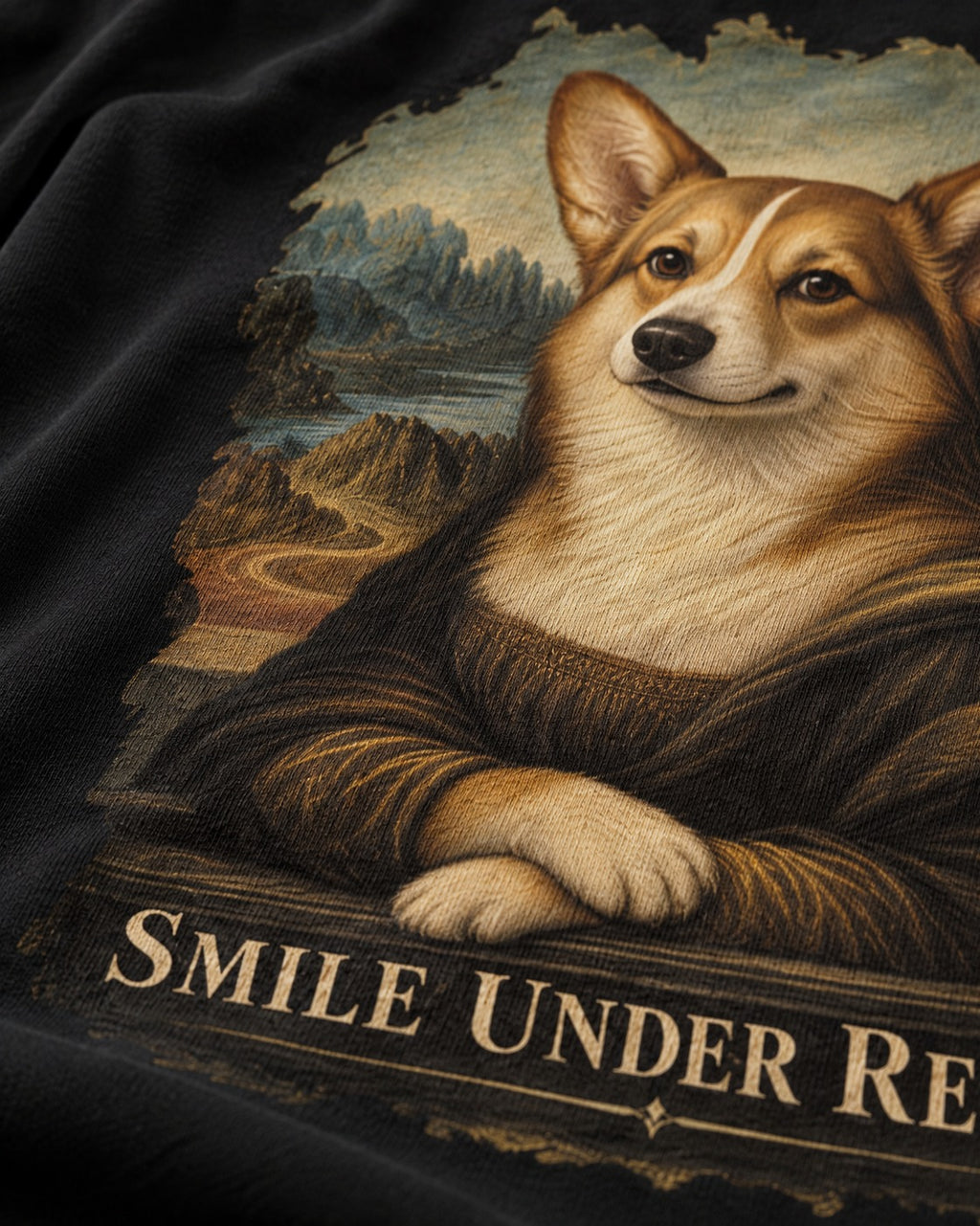 Corgi Smile Under Review Mona Lisa Portrait T-Shirt in Black, close-up of the graphic
