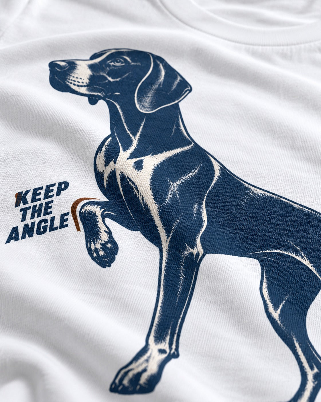 Keep the Angle German Shorthaired Pointer T-Shirt in White, close-up of the graphic