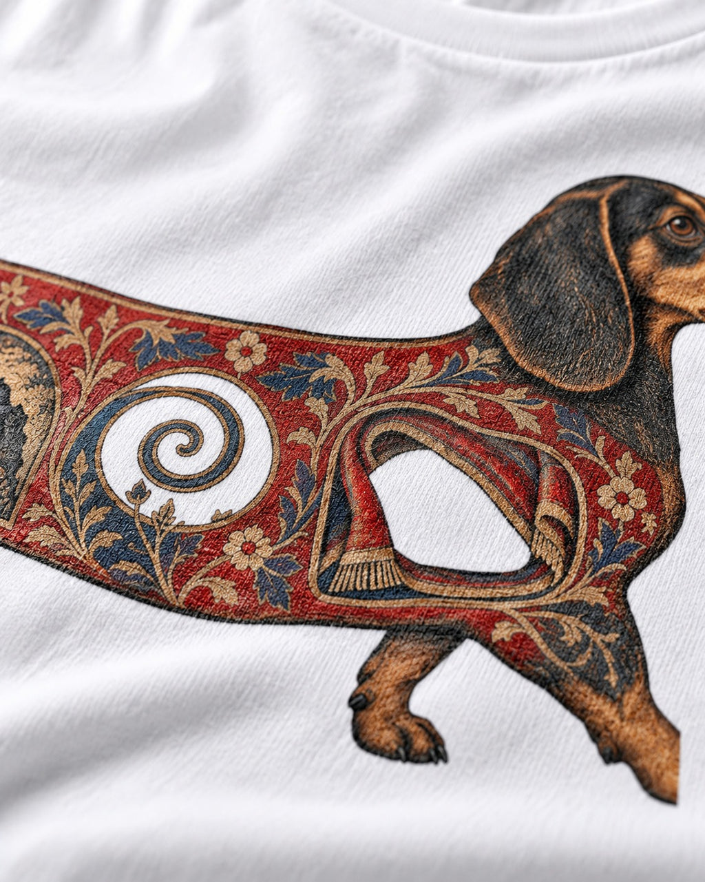 Dachshund Ever After T-Shirt in White, close-up of the graphic