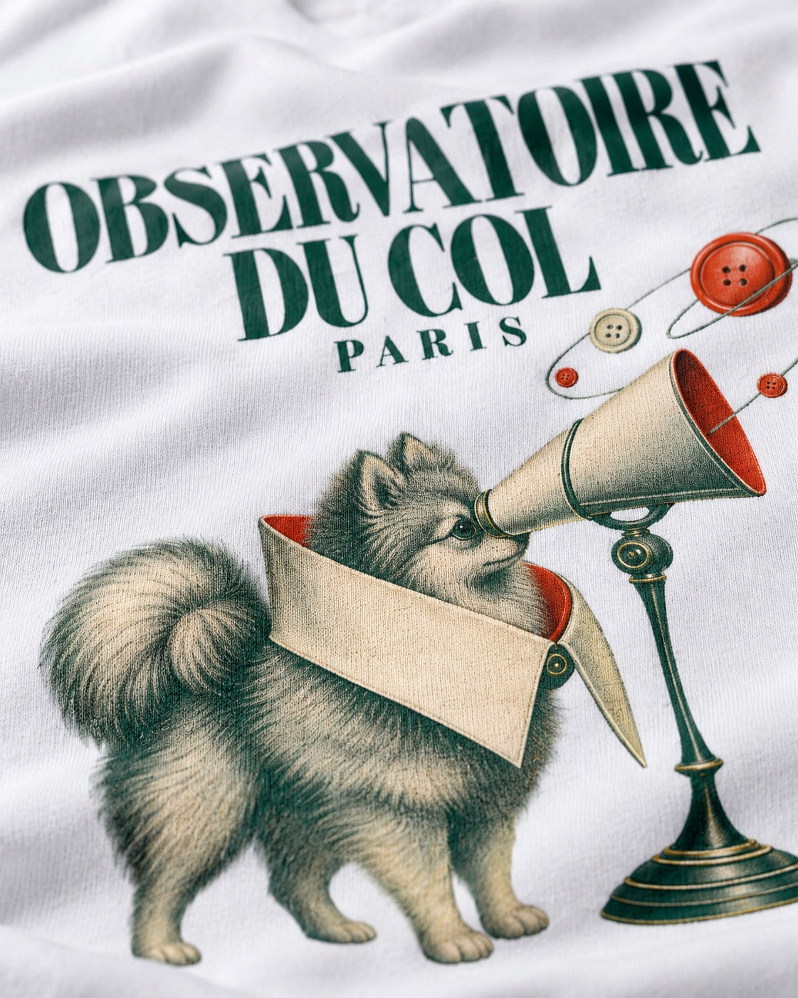 Pomeranian Observatoire Du Col T-Shirt in White, close-up of the graphic