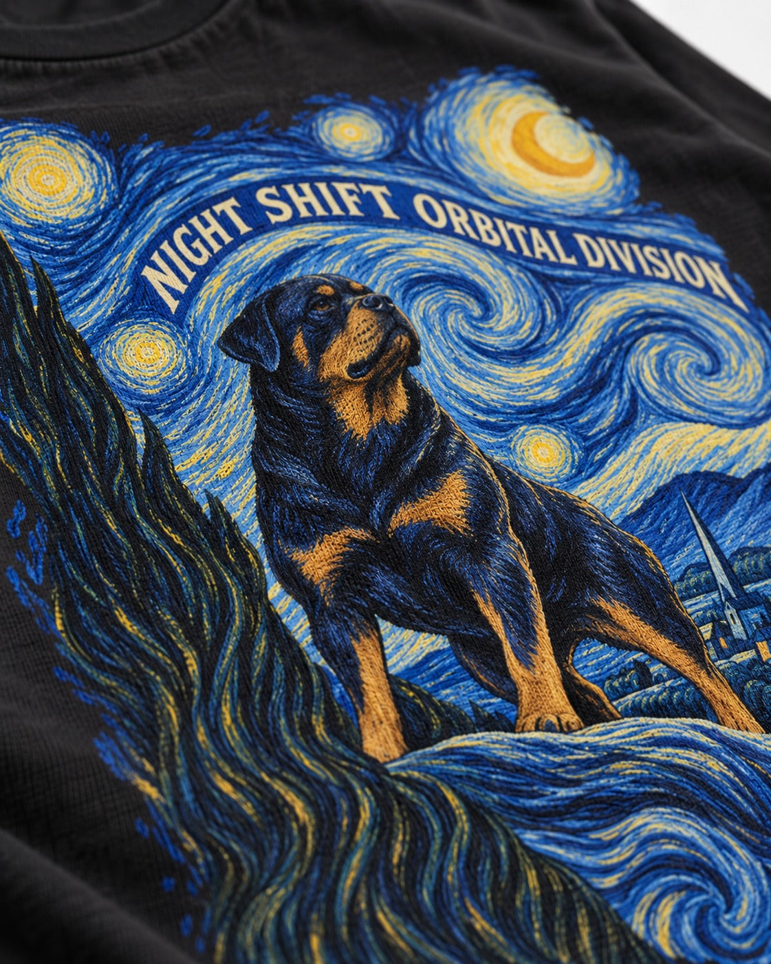 Rottweiler Night Shift Orbital Division Starry Night Graphic T-Shirt in Black, close-up of the graphic