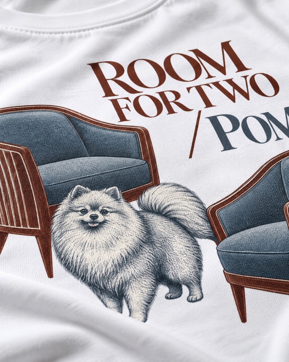 Room for Two with Pomeranian T-Shirt in White, close-up of the graphic