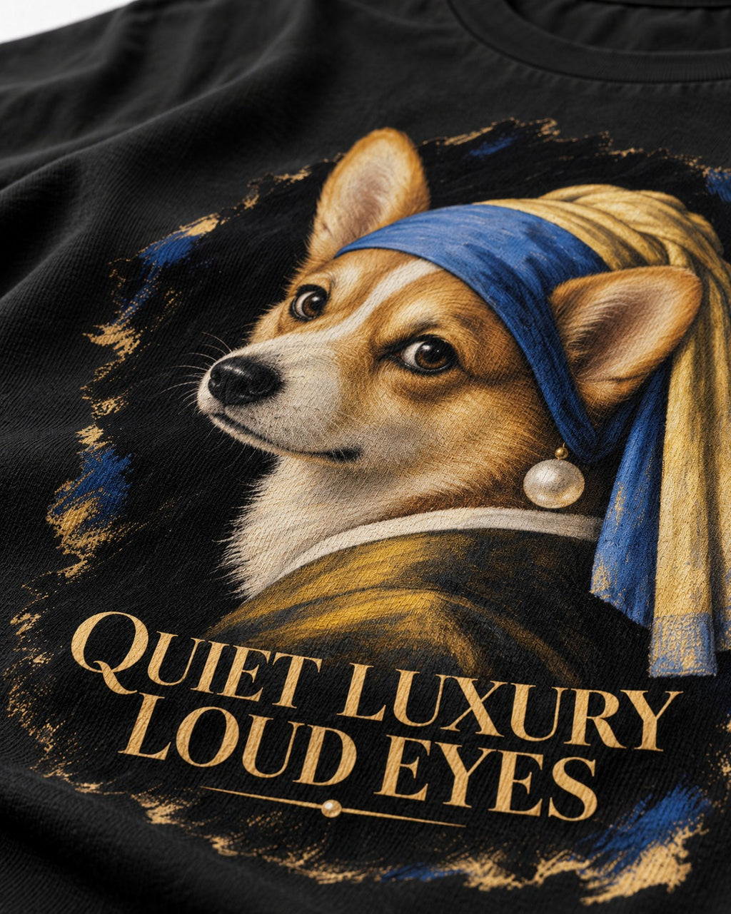 Corgi Quiet Luxury Loud Eyes Pearl Earring Portrait T-Shirt in Black, close-up of the graphic