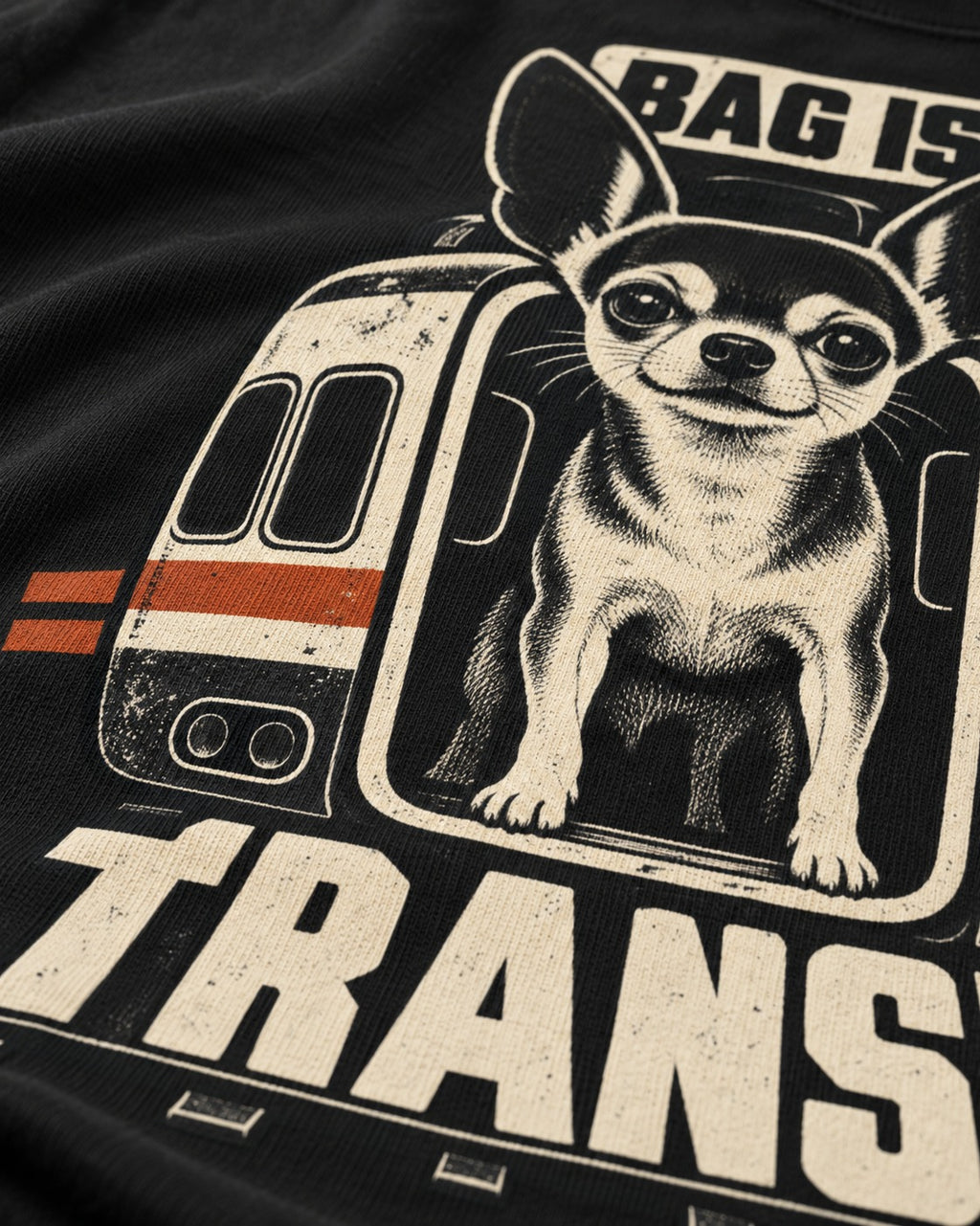 Chihuahua Bag Is Transit Train Front Graphic T-Shirt in Black, close-up of the graphic